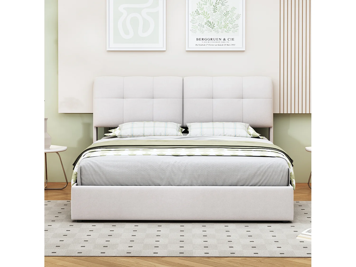Lit 160×200 cm avec LED, sommier et coffre – Velours blanc, lit double