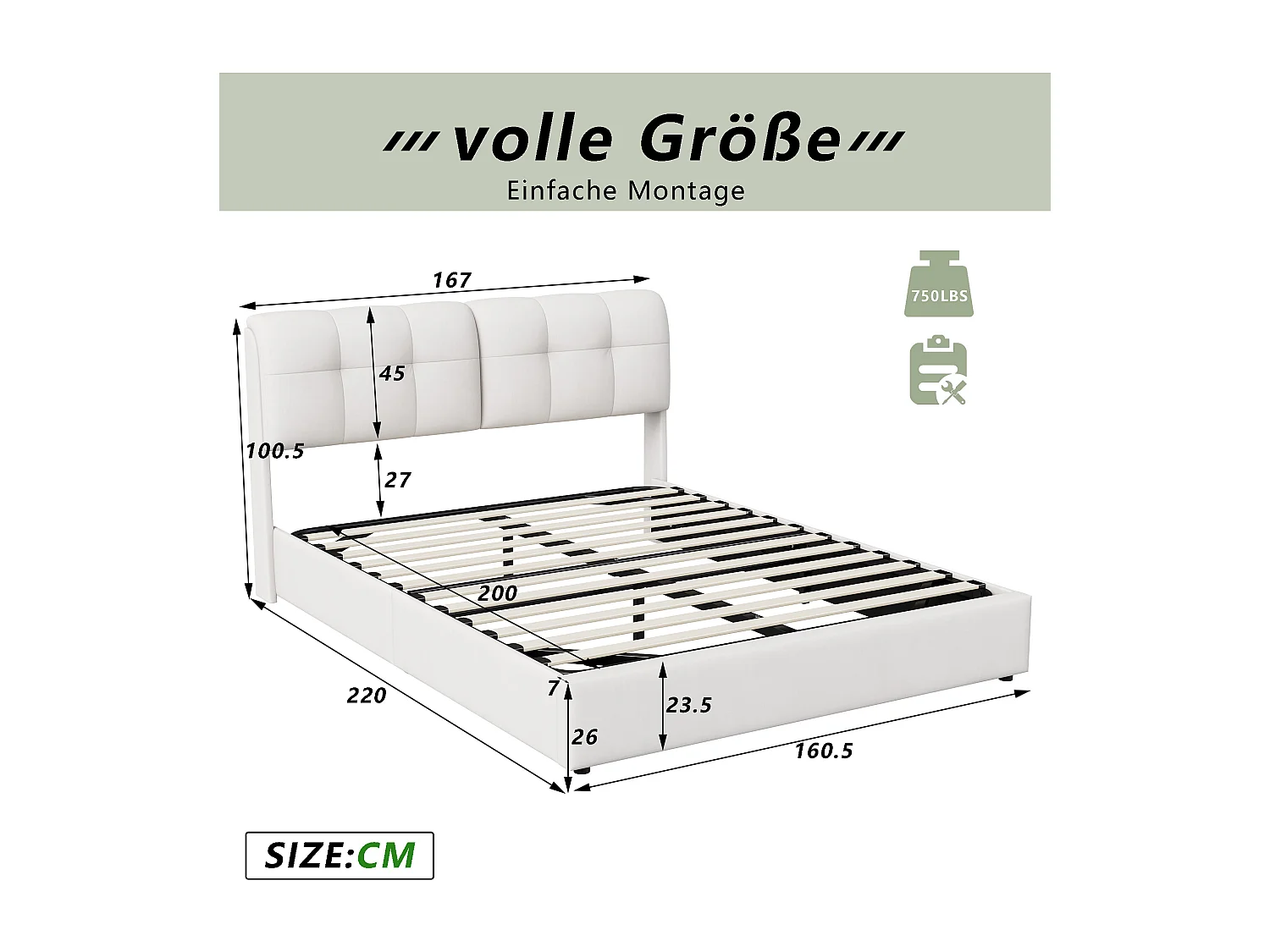 Lit 160×200 cm avec LED, sommier et coffre – Velours blanc, lit double