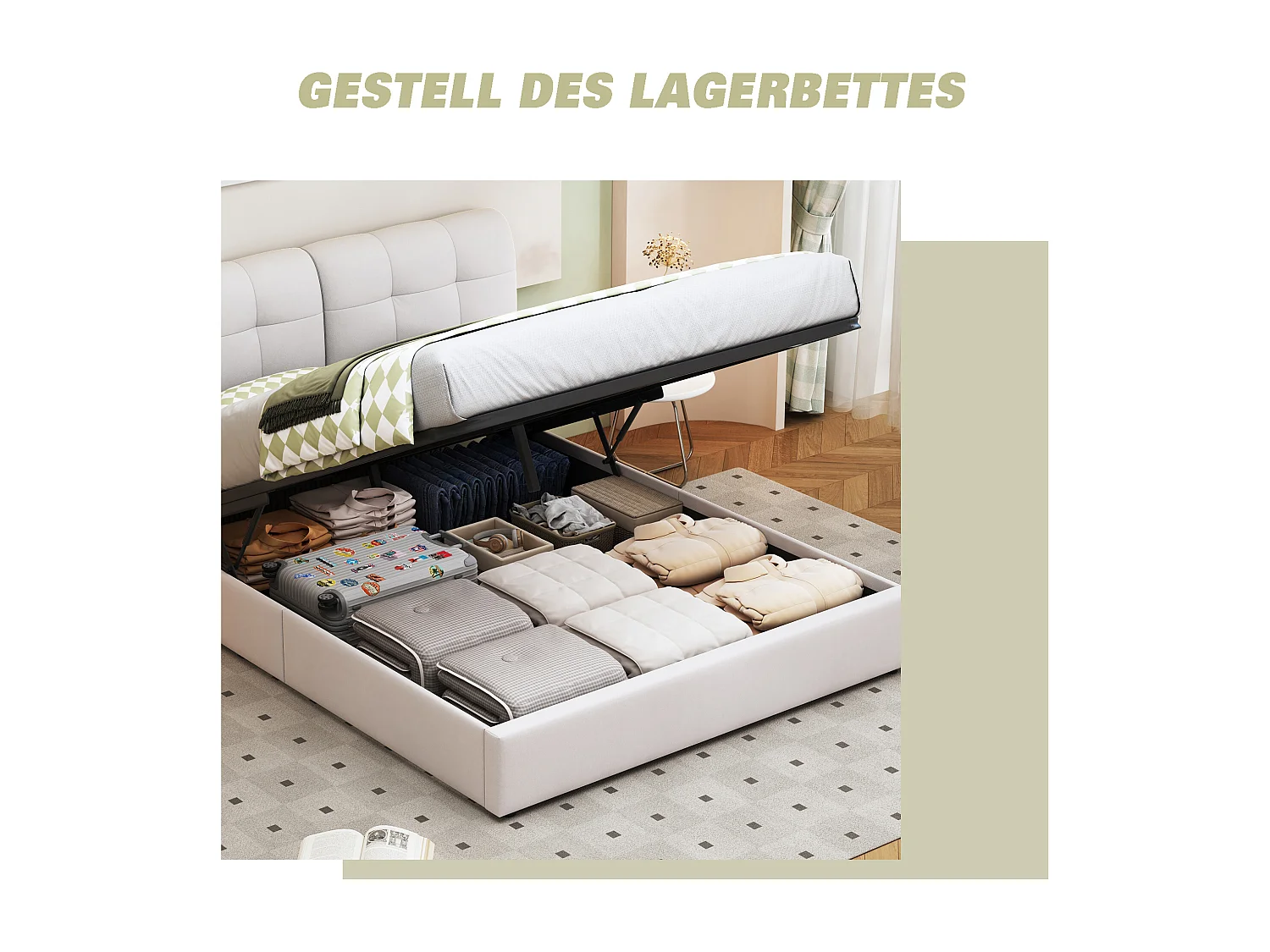 Lit 160×200 cm avec LED, sommier et coffre – Velours blanc, lit double