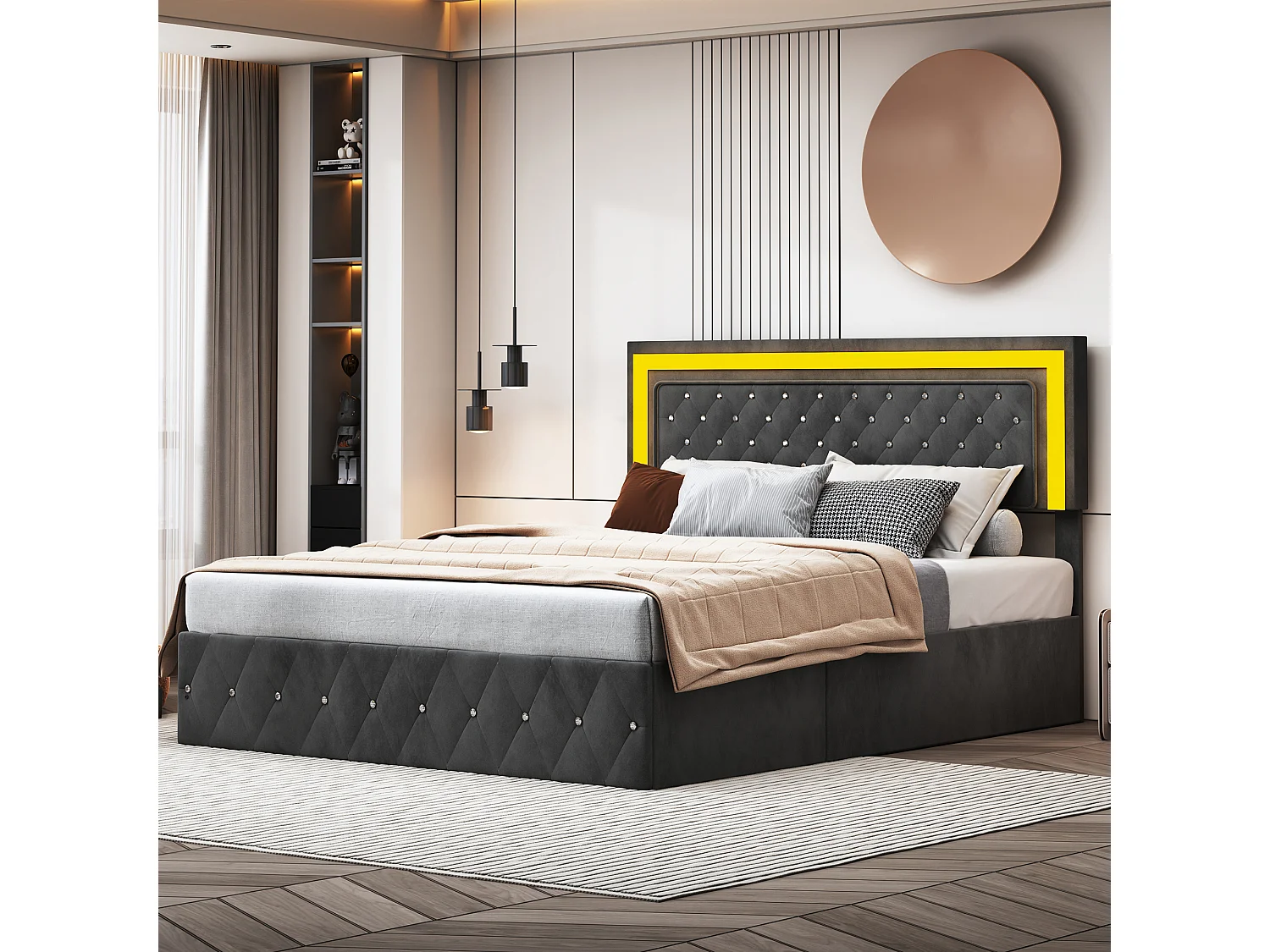 Lit coffre 180×200 cm velours avec LED et sommier à lattes – Lit double de rangement, noir