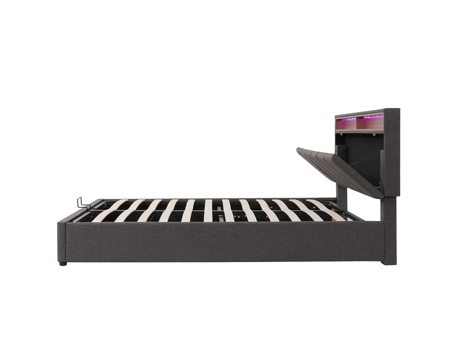 Cama de almacenamiento de 160x200 cm con 2 cajones, iluminación LED, sistema hidráulico y base de láminas.