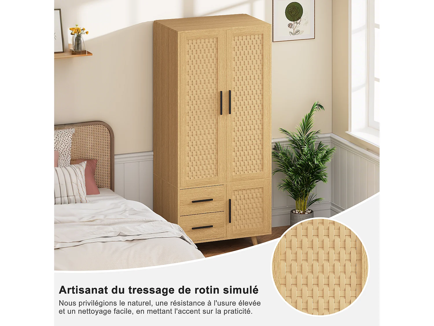 Armoire 3 Portes 2 Tiroirs en Rotin et Bois Chêne Clair - Rangement Moderne - Style Naturel Scandinave - Montage Rapide