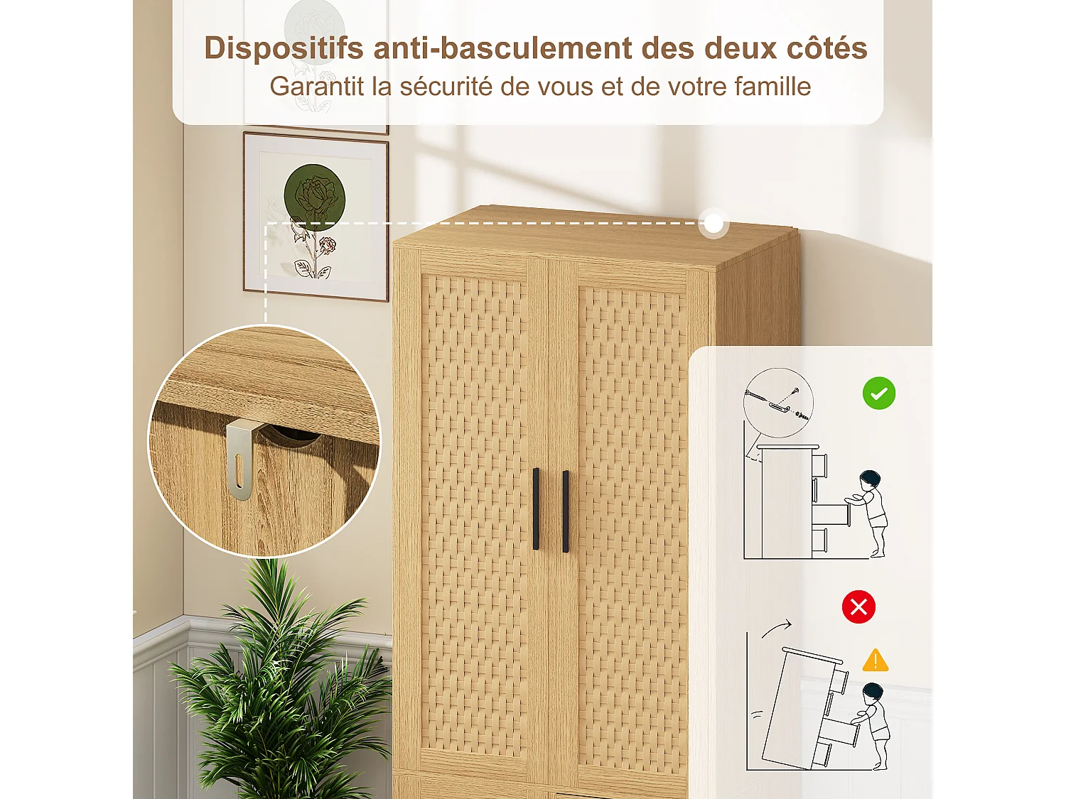 Armoire 3 Portes 2 Tiroirs en Rotin et Bois Chêne Clair - Rangement Moderne - Style Naturel Scandinave - Montage Rapide