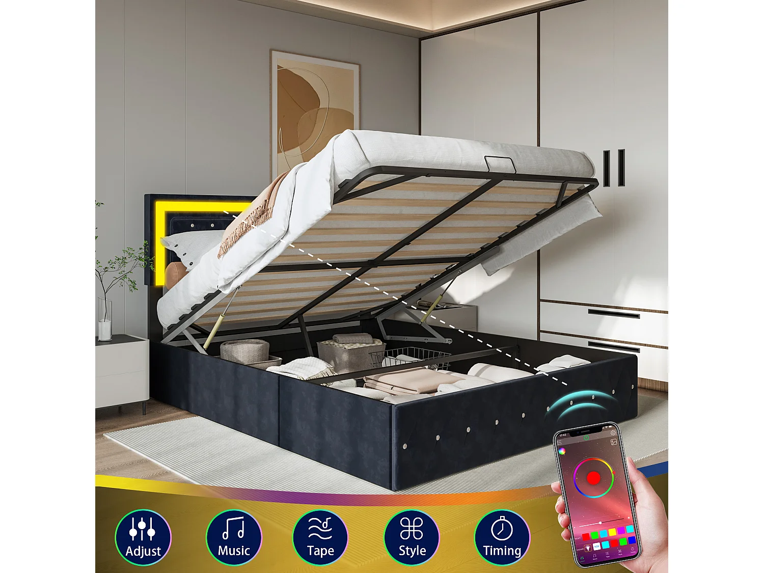 Lit coffre 160×200 cm velours avec LED et sommier à lattes – Lit double de rangement, noir