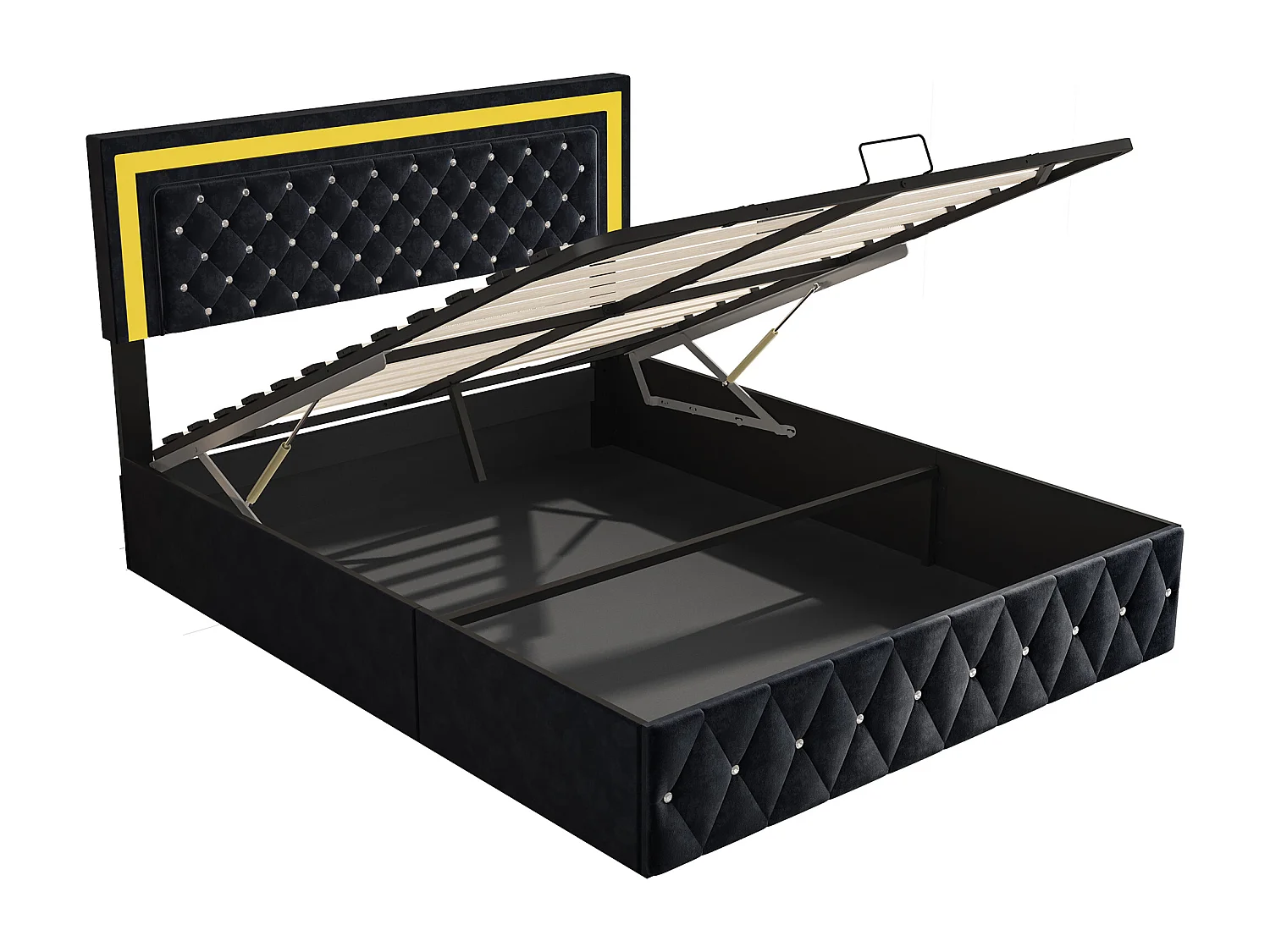 Lit coffre 160×200 cm velours avec LED et sommier à lattes – Lit double de rangement, noir