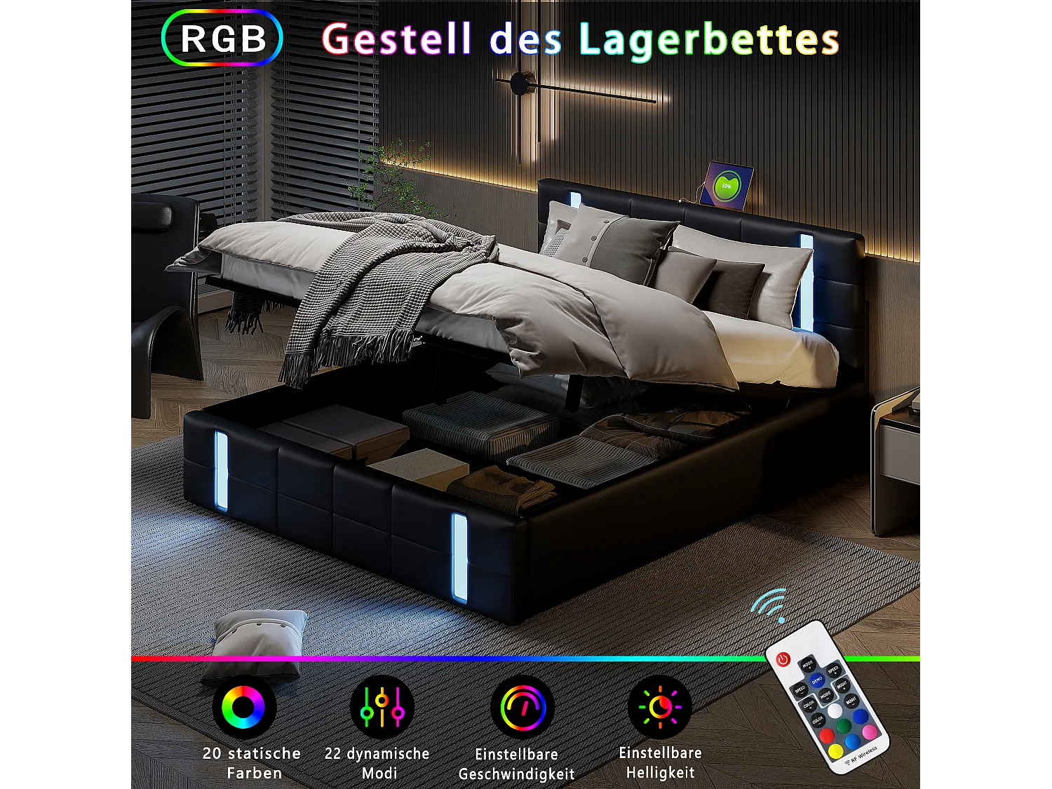 Lit coffre 160×200 cm avec LED, USB/Type-C et rangement hydraulique – Capitonné PU