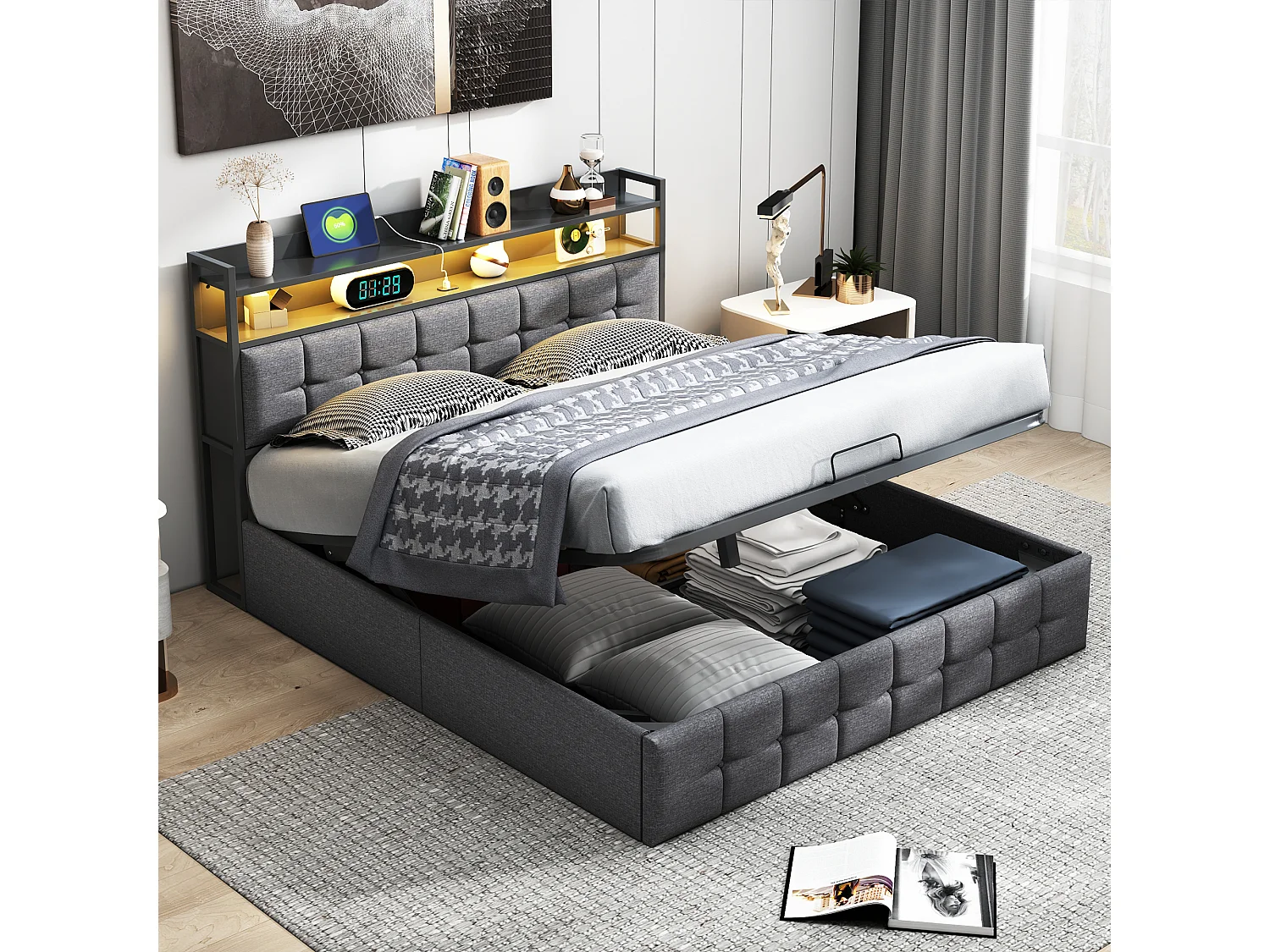 Lit 160x200 cm - avec tête de lit LED et rangement à gaz - chargeur USB-C et USB - éclairage RGB - tissu lin gris - lit double
