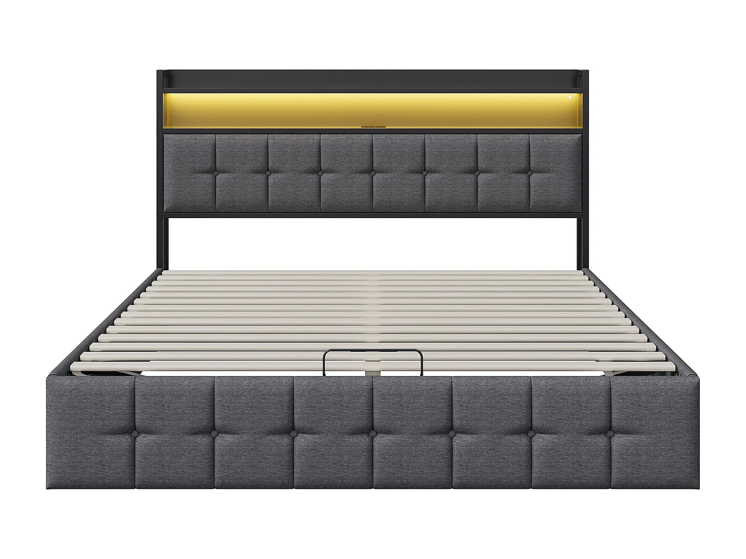 Lit 160x200 cm - avec tête de lit LED et rangement à gaz - chargeur USB-C et USB - éclairage RGB - tissu lin gris - lit double