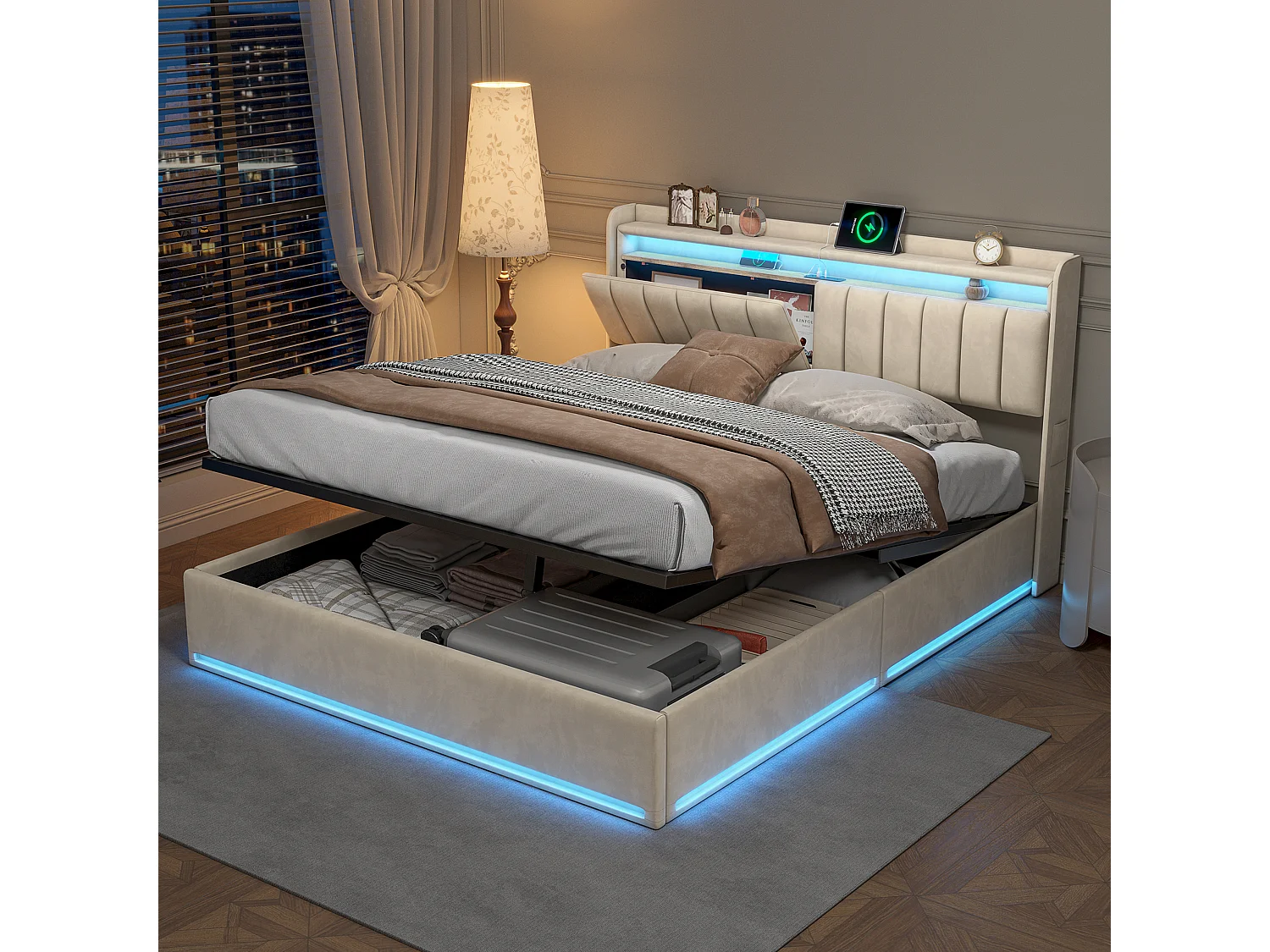 Lit rembourré 140×200 cm avec recharge USB, lit coffre LED et tête de lit avec rangement, sommier à lattes hydraulique – Lit double pour jeune