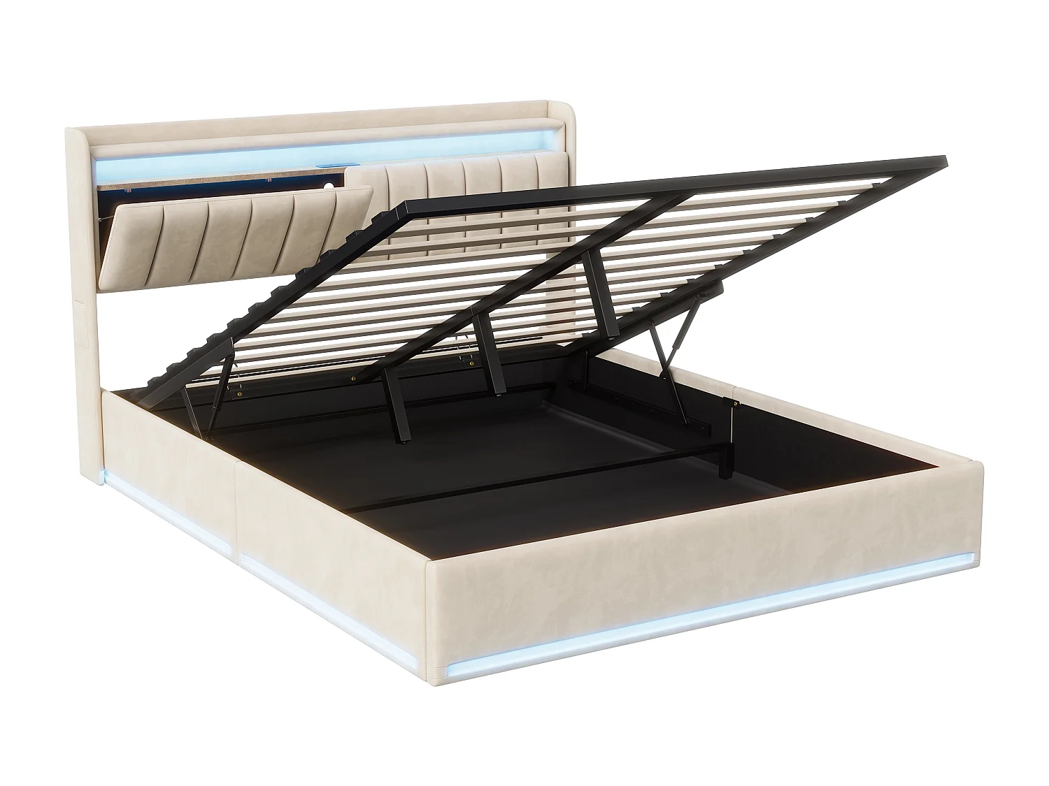 Lit rembourré 140×200 cm avec recharge USB, lit coffre LED et tête de lit avec rangement, sommier à lattes hydraulique – Lit double pour jeune