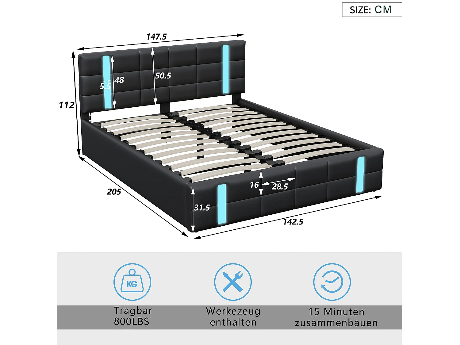 Lit coffre 140×200 cm avec LED, USB/Type-C et rangement – Hydraulique, PU