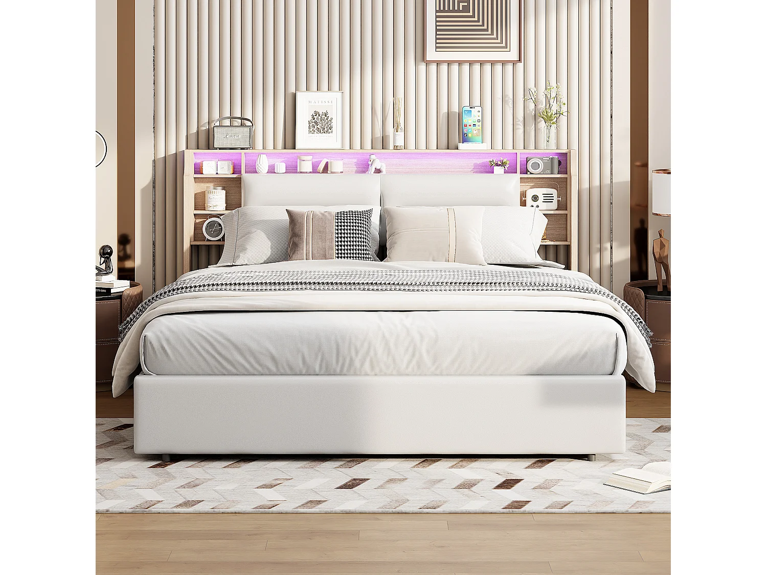 Cama estofada de 140×200 cm com iluminação LED, compartimento de arrumação e revestimento em imitação de pele – Funcional, branca