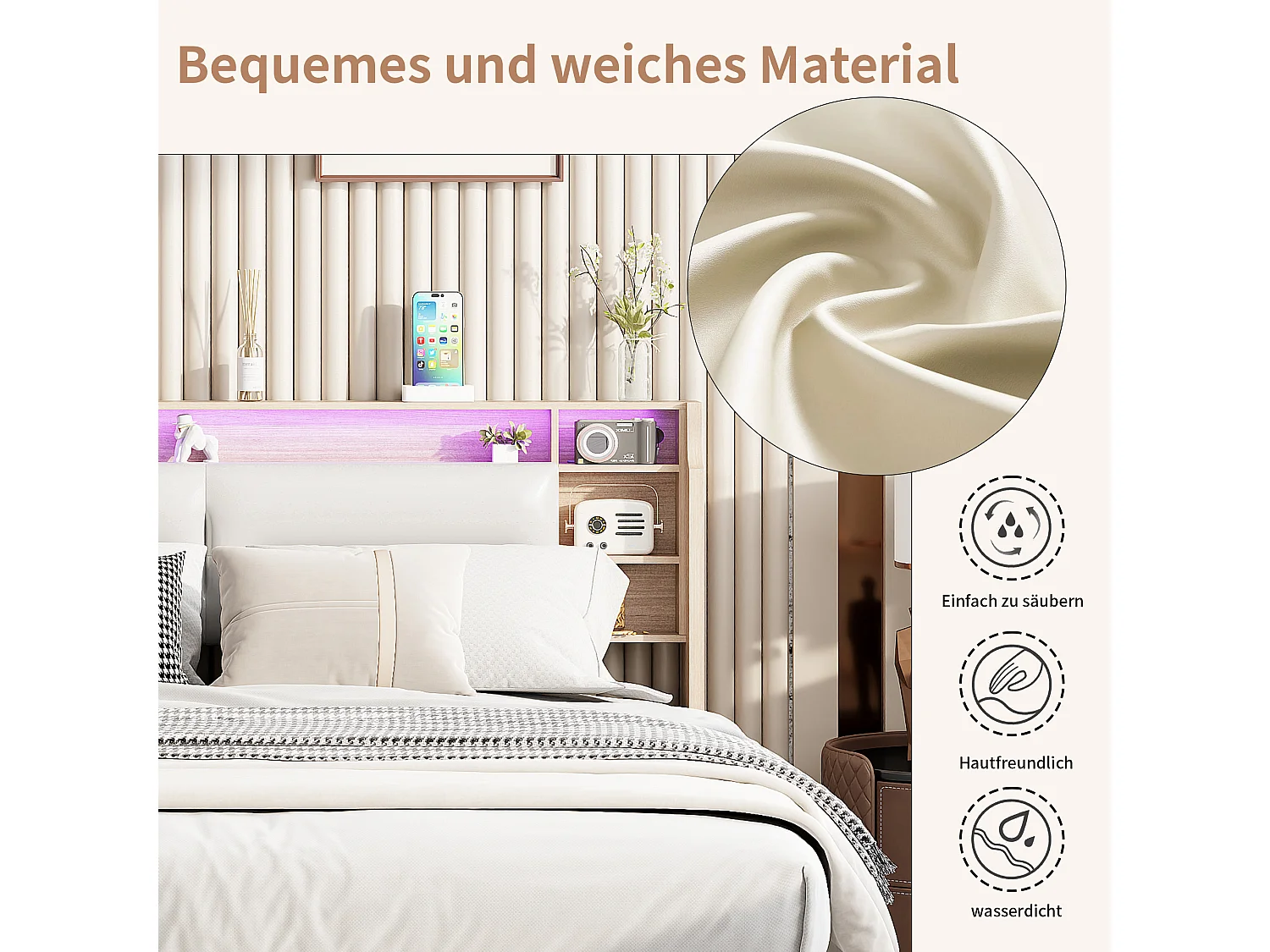 Cama estofada de 140×200 cm com iluminação LED, compartimento de arrumação e revestimento em imitação de pele – Funcional, branca