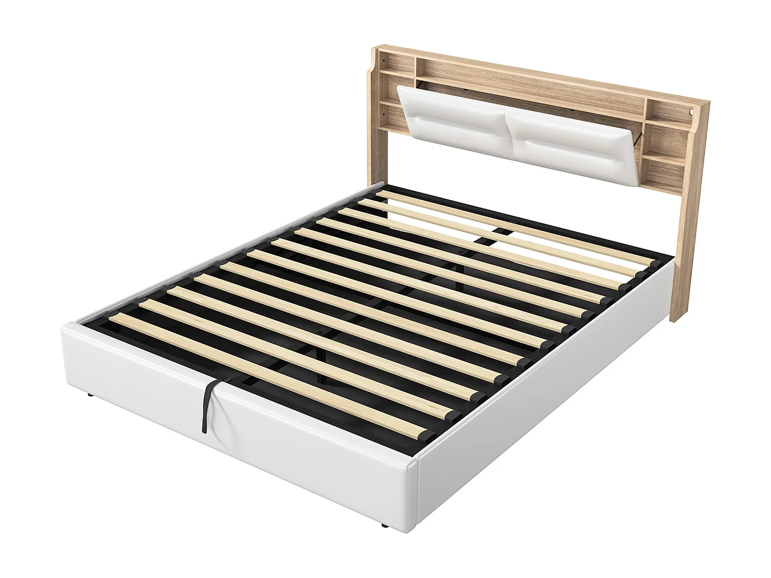 Cama estofada de 140×200 cm com iluminação LED, compartimento de arrumação e revestimento em imitação de pele – Funcional, branca