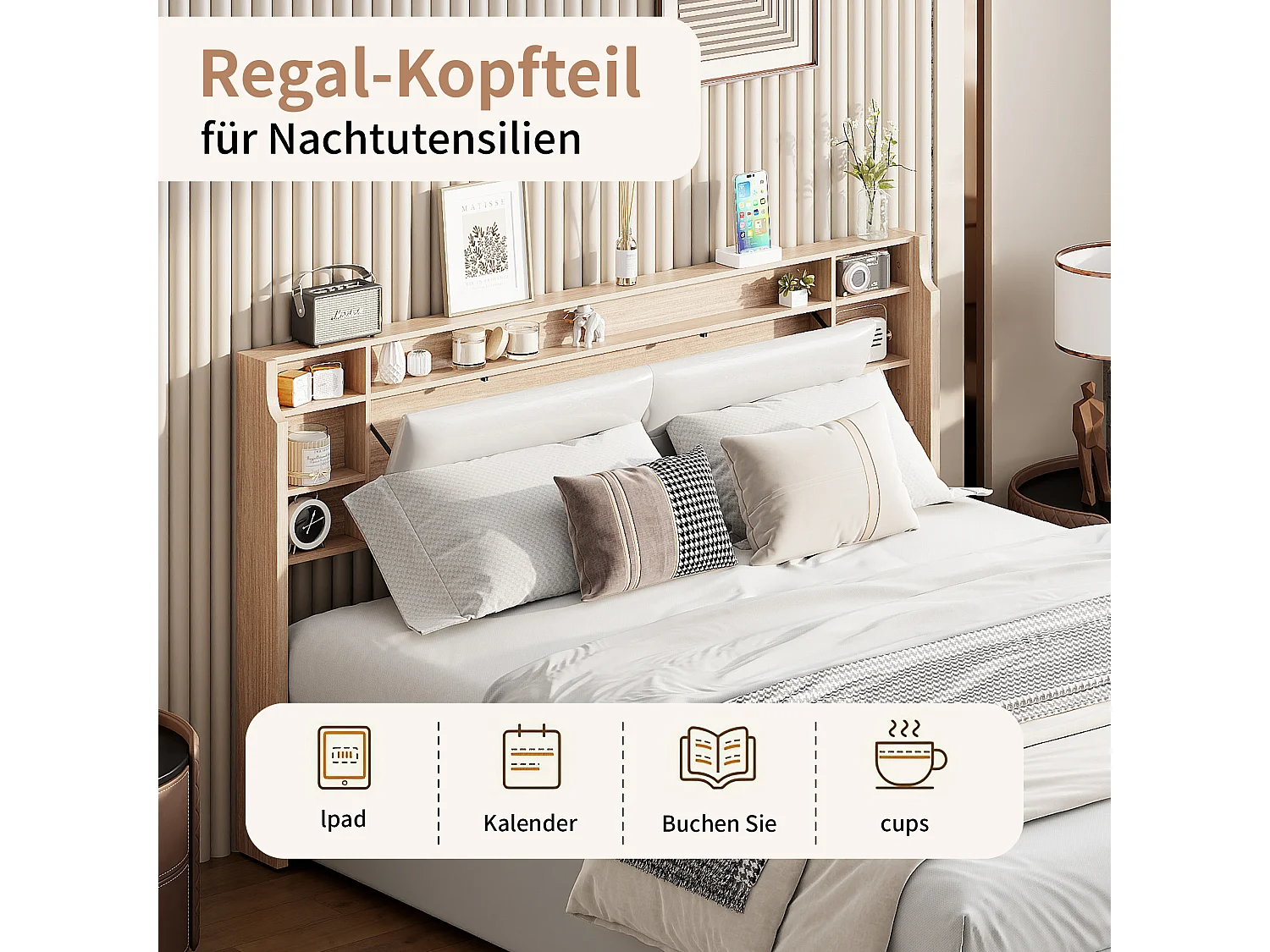 Cama estofada de 140×200 cm com iluminação LED, compartimento de arrumação e revestimento em imitação de pele – Funcional, branca