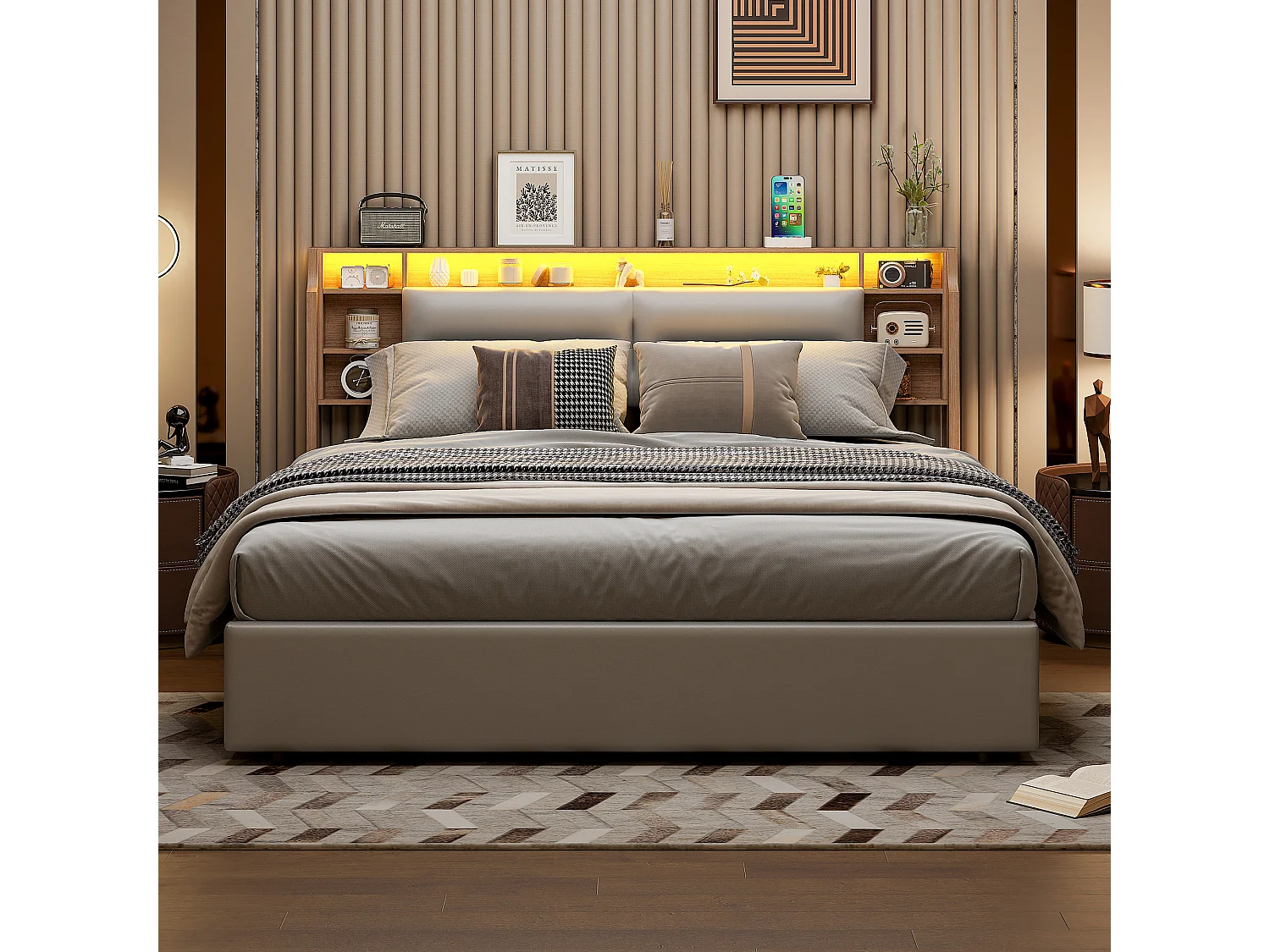 Cama estofada de 140×200 cm com iluminação LED, compartimento de arrumação e revestimento em imitação de pele – Funcional, branca