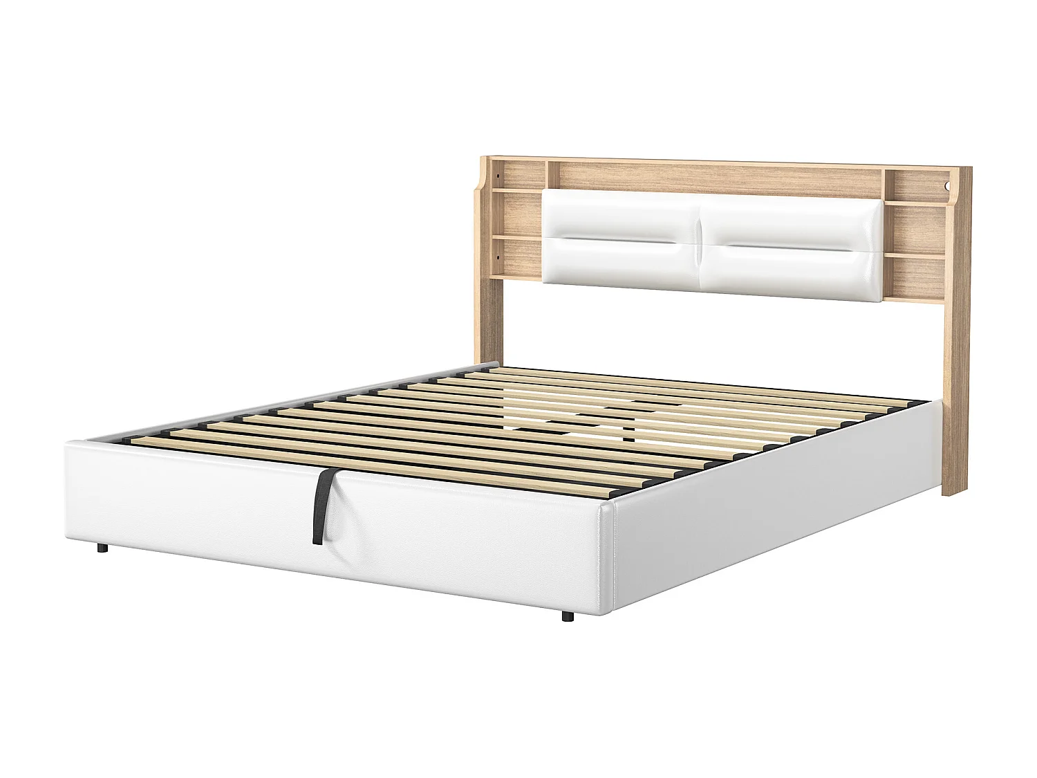 Cama estofada de 140×200 cm com iluminação LED, compartimento de arrumação e revestimento em imitação de pele – Funcional, branca