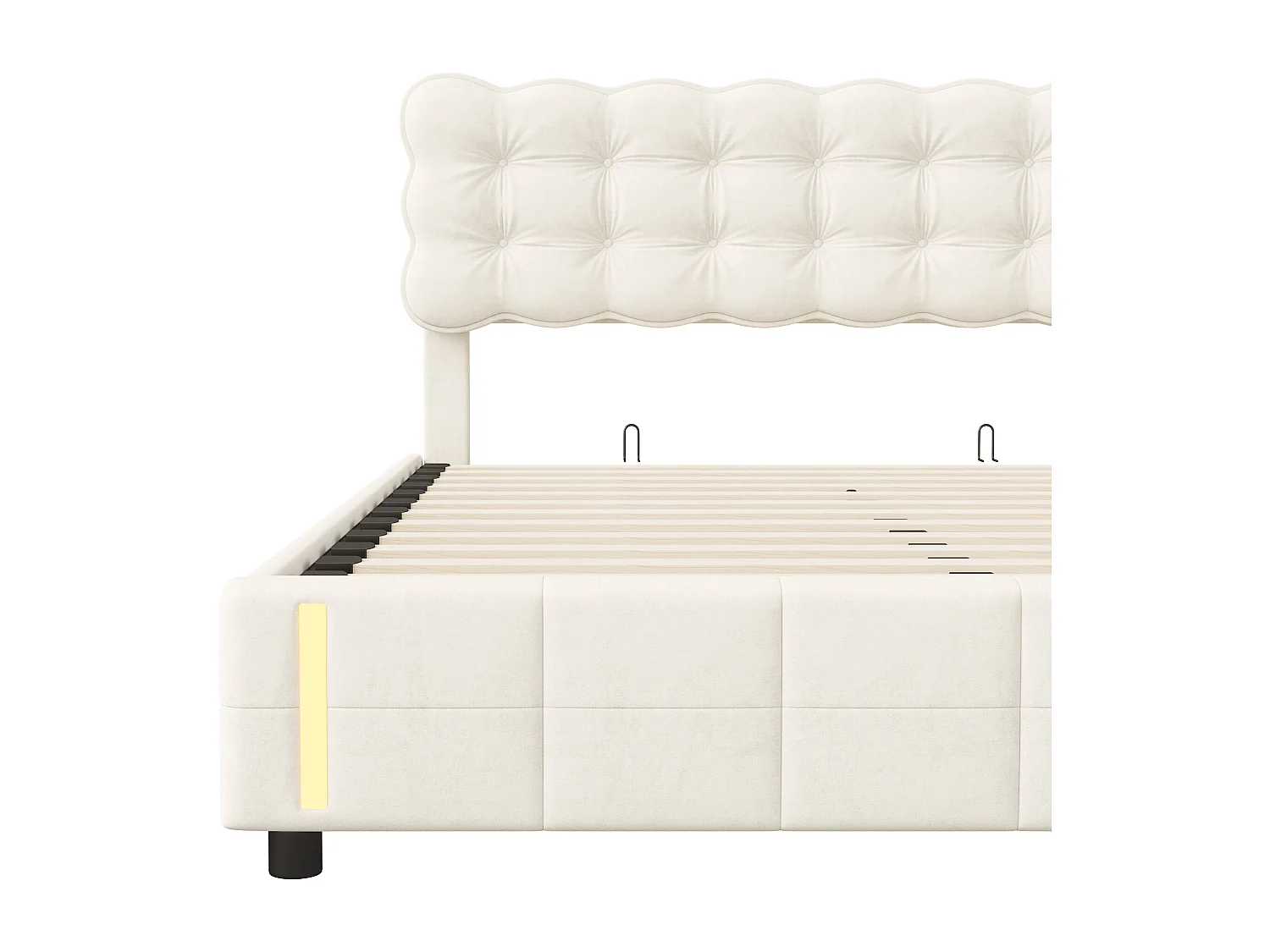 Lit coffre 140×200 cm en velours beige avec LED et rangement – Sommier à lattes