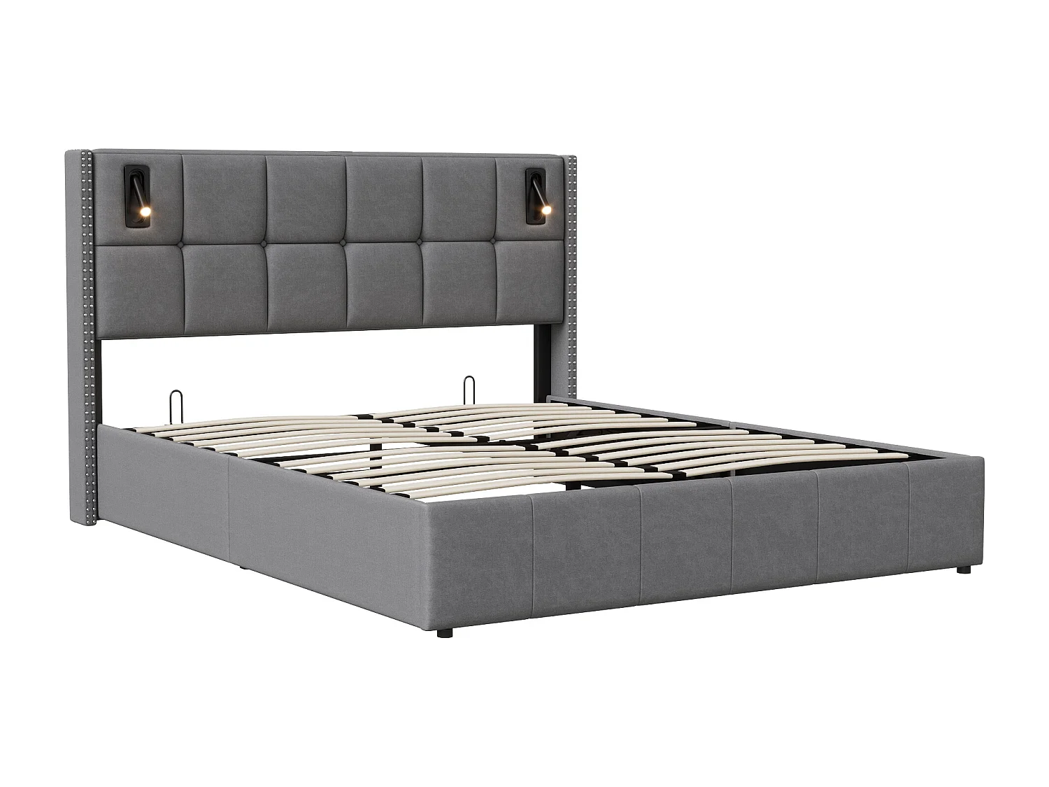 Lit Coffre 160 x 200 cm avec Éclairage LED et Port USB, avec Espace de Rangement, lit 2 Personnes pour Adultes et Adolescents,Gris