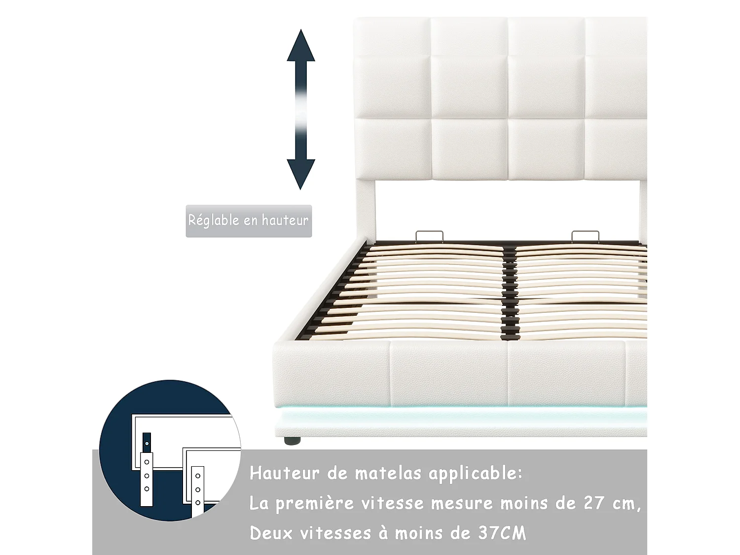 Lit coffre 140×190 cm capitonné avec LED, relevable hydraulique et sommier à lattes – Blanc