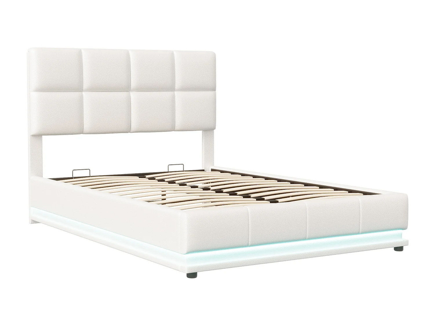 Lit coffre 140×190 cm capitonné avec LED, relevable hydraulique et sommier à lattes – Blanc