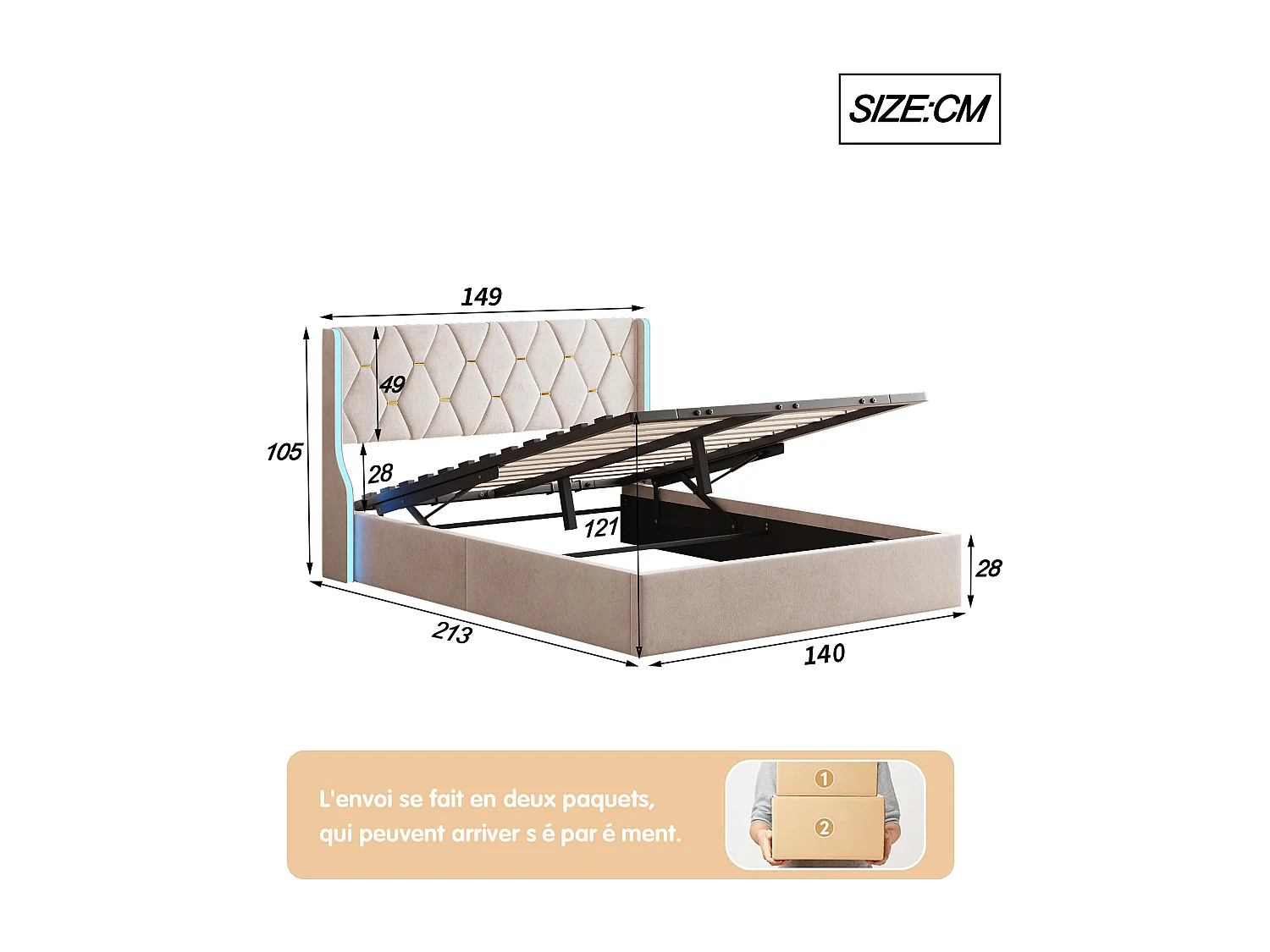 Lit coffre 140×200 cm avec LED et rangement – Capitonné avec sommier à lattes, lit double, beige
