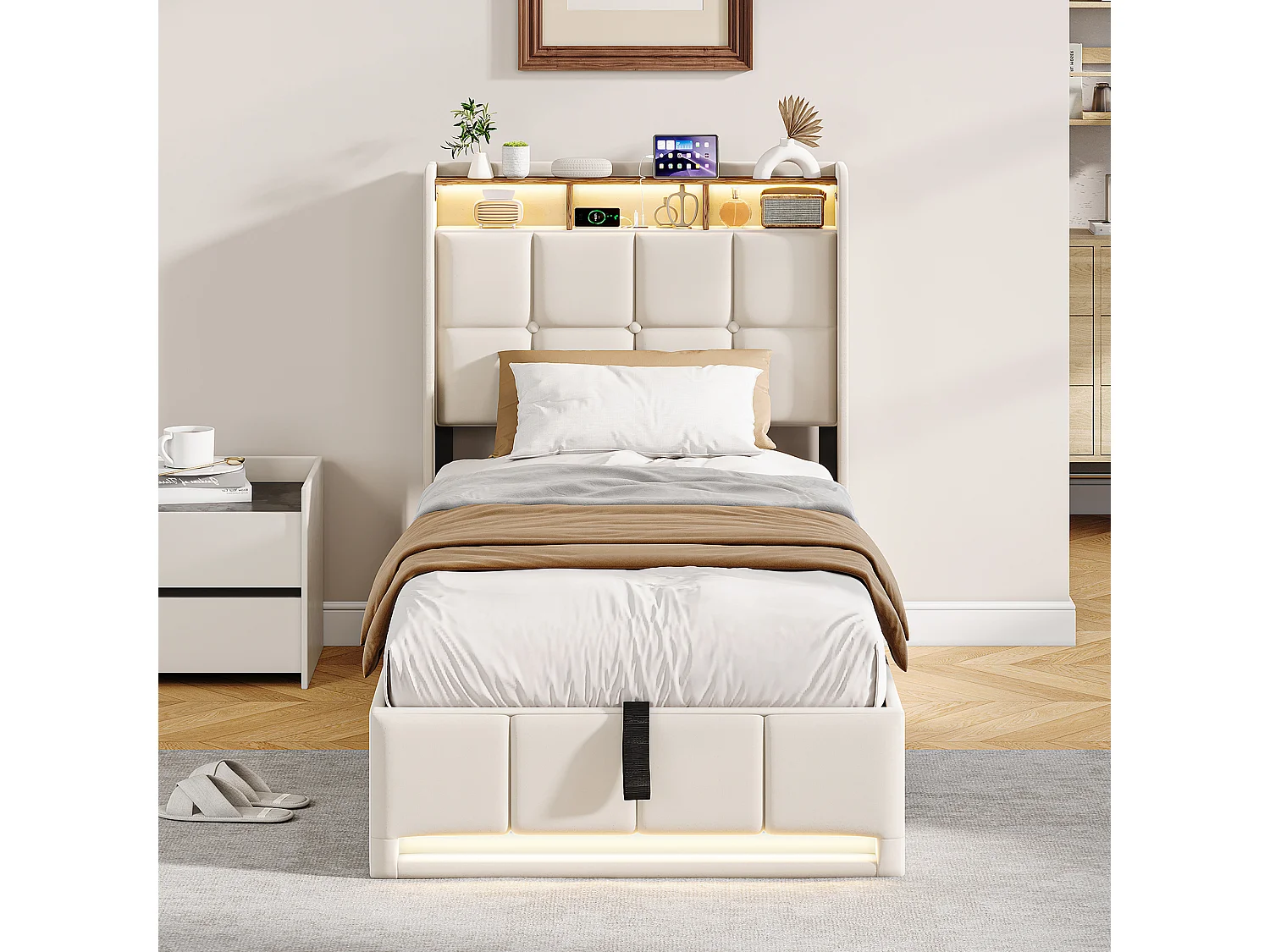 Lit 90x200 cm  - éclairage LED - coffre hydraulique - sommier à lattes - chargement USB et Type-C - tissu lin - beige