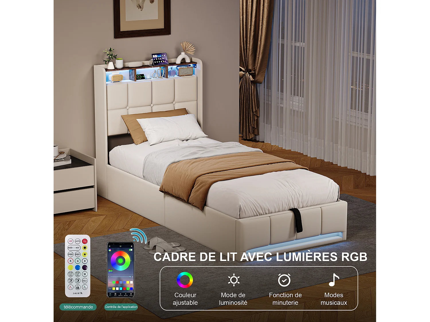 Lit 90x200 cm  - éclairage LED - coffre hydraulique - sommier à lattes - chargement USB et Type-C - tissu lin - beige