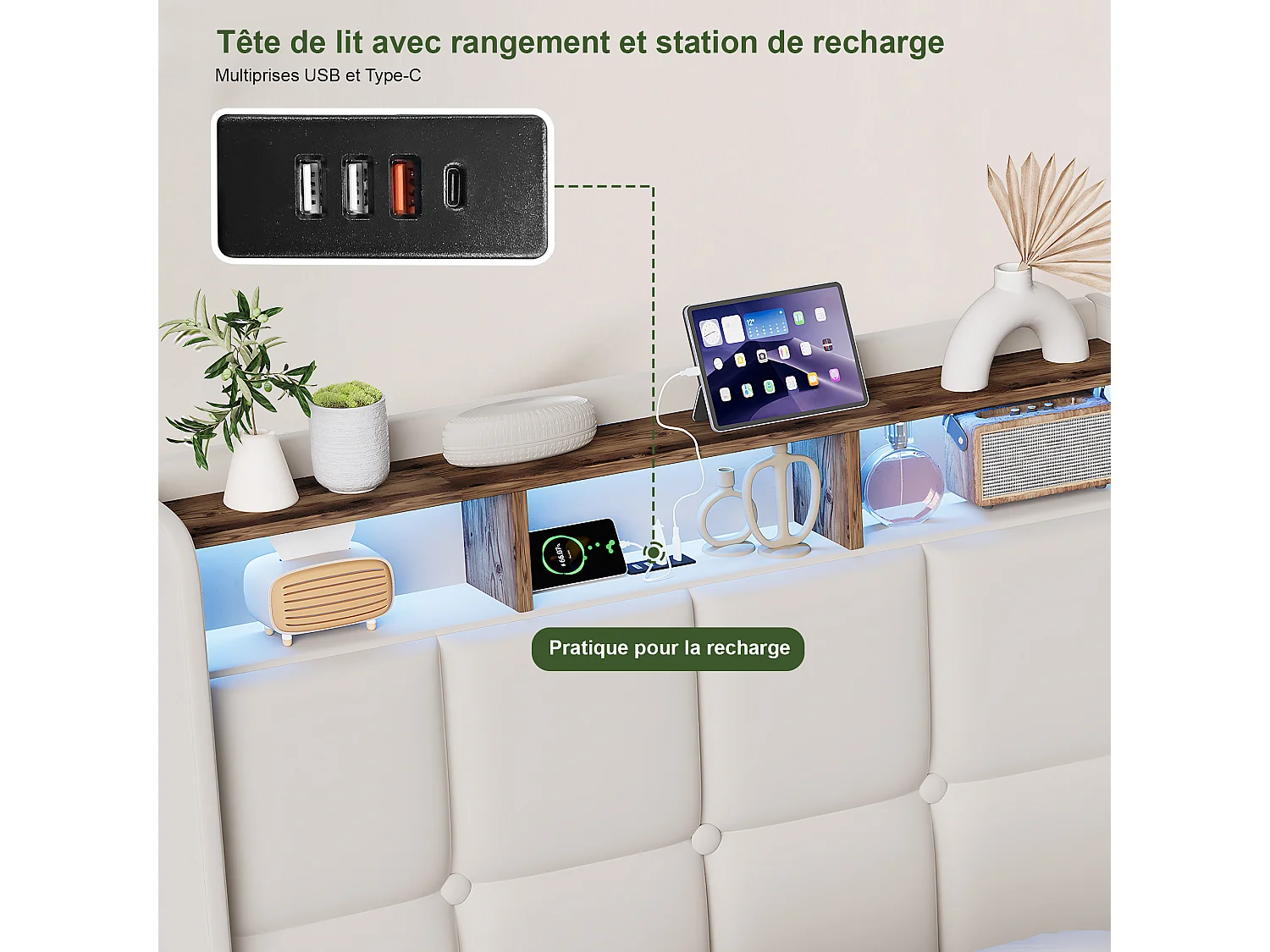 Lit 90x200 cm  - éclairage LED - coffre hydraulique - sommier à lattes - chargement USB et Type-C - tissu lin - beige