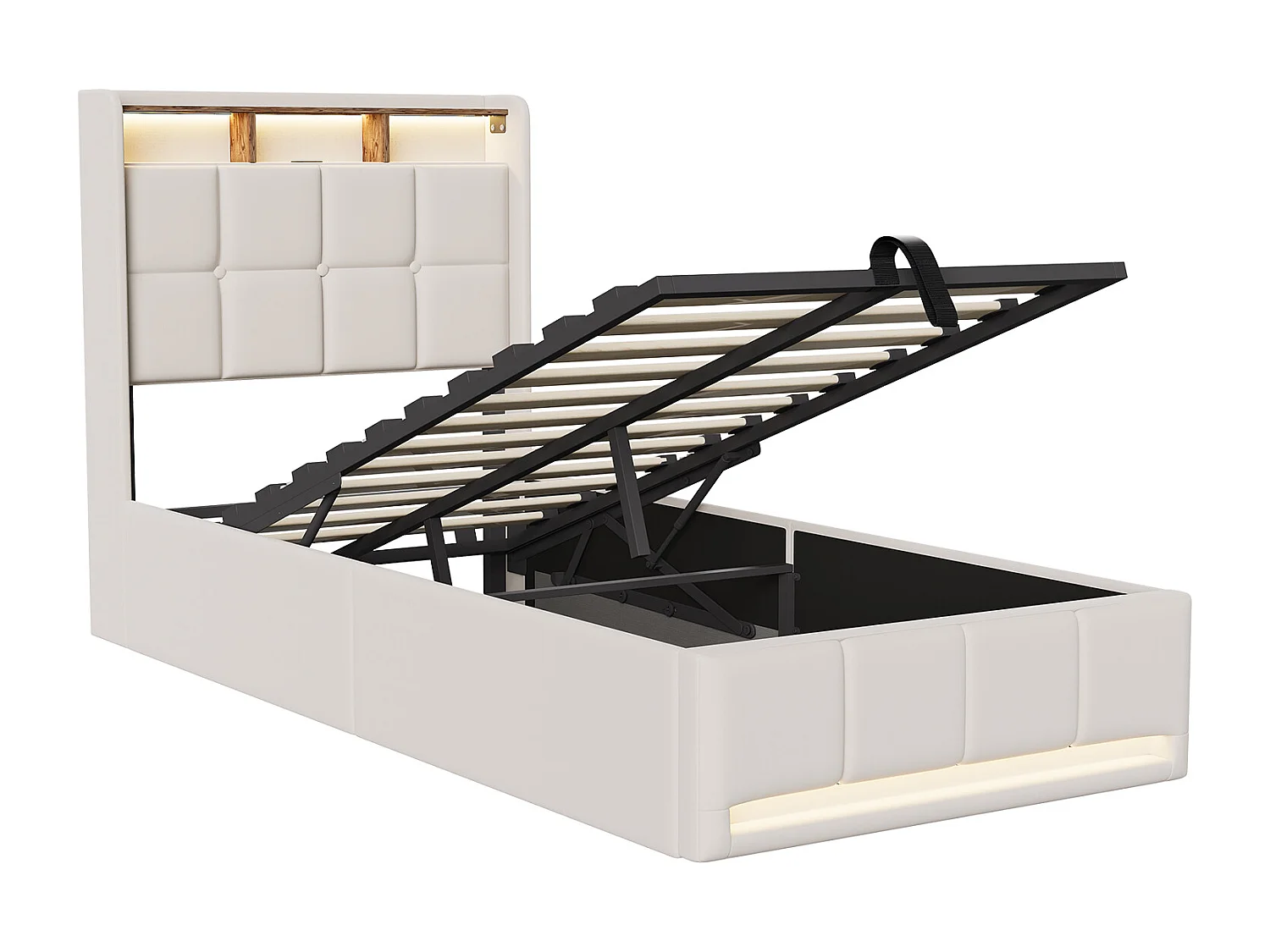 Lit 90x200 cm  - éclairage LED - coffre hydraulique - sommier à lattes - chargement USB et Type-C - tissu lin - beige