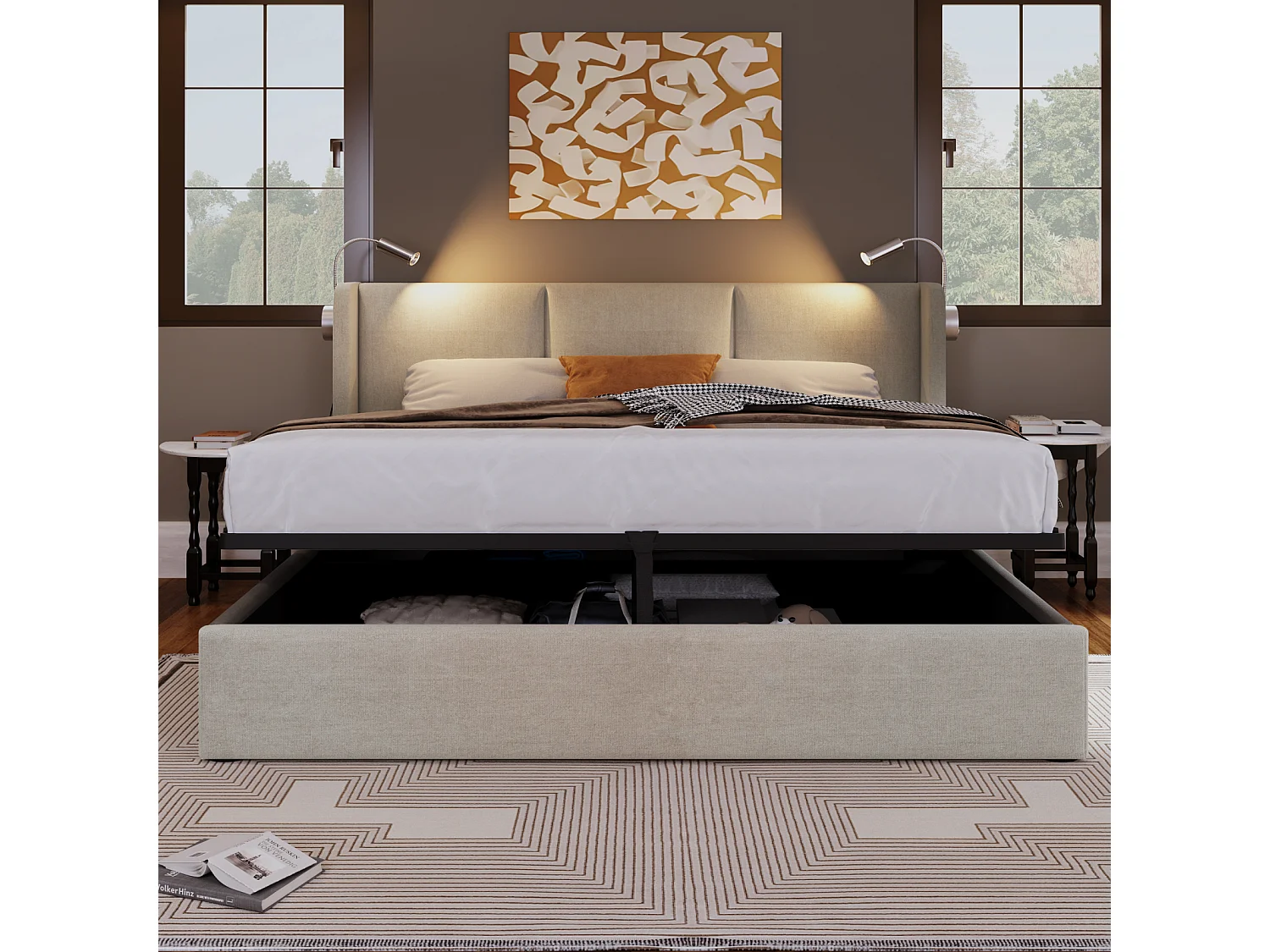 Lit 160×200 cm avec LED, USB et rangement – Sommier à lattes, lin gris, lit double