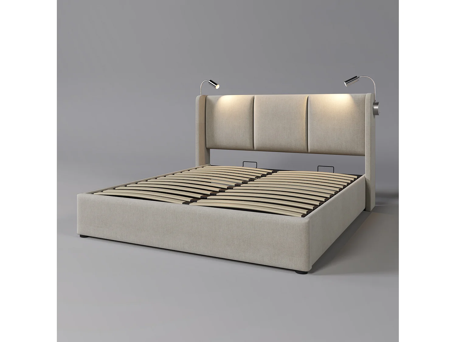 Lit 160×200 cm avec LED, USB et rangement – Sommier à lattes, lin gris, lit double