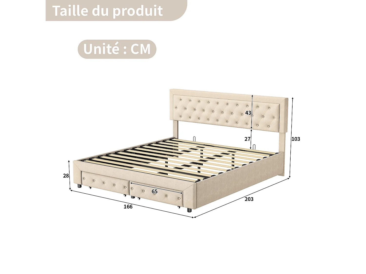 Lit coffre 160x200 cm avec rangement – 2 tiroirs – Velours beige – Sommier à lattes en bois massif – Style scandinave – Lit double adulte