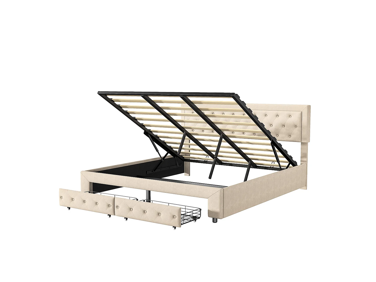 Opbergbed van 160x200 cm met 2 lades – Beige fluwelen bekleding – Massief houten lattenbodem – Scandinavische stijl – Tweepersoonsbed voor volwassenen