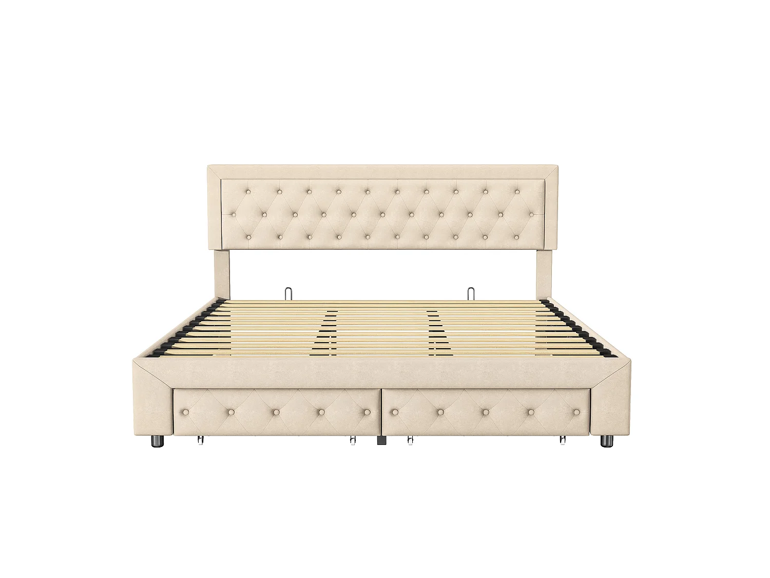 Opbergbed van 160x200 cm met 2 lades – Beige fluwelen bekleding – Massief houten lattenbodem – Scandinavische stijl – Tweepersoonsbed voor volwassenen