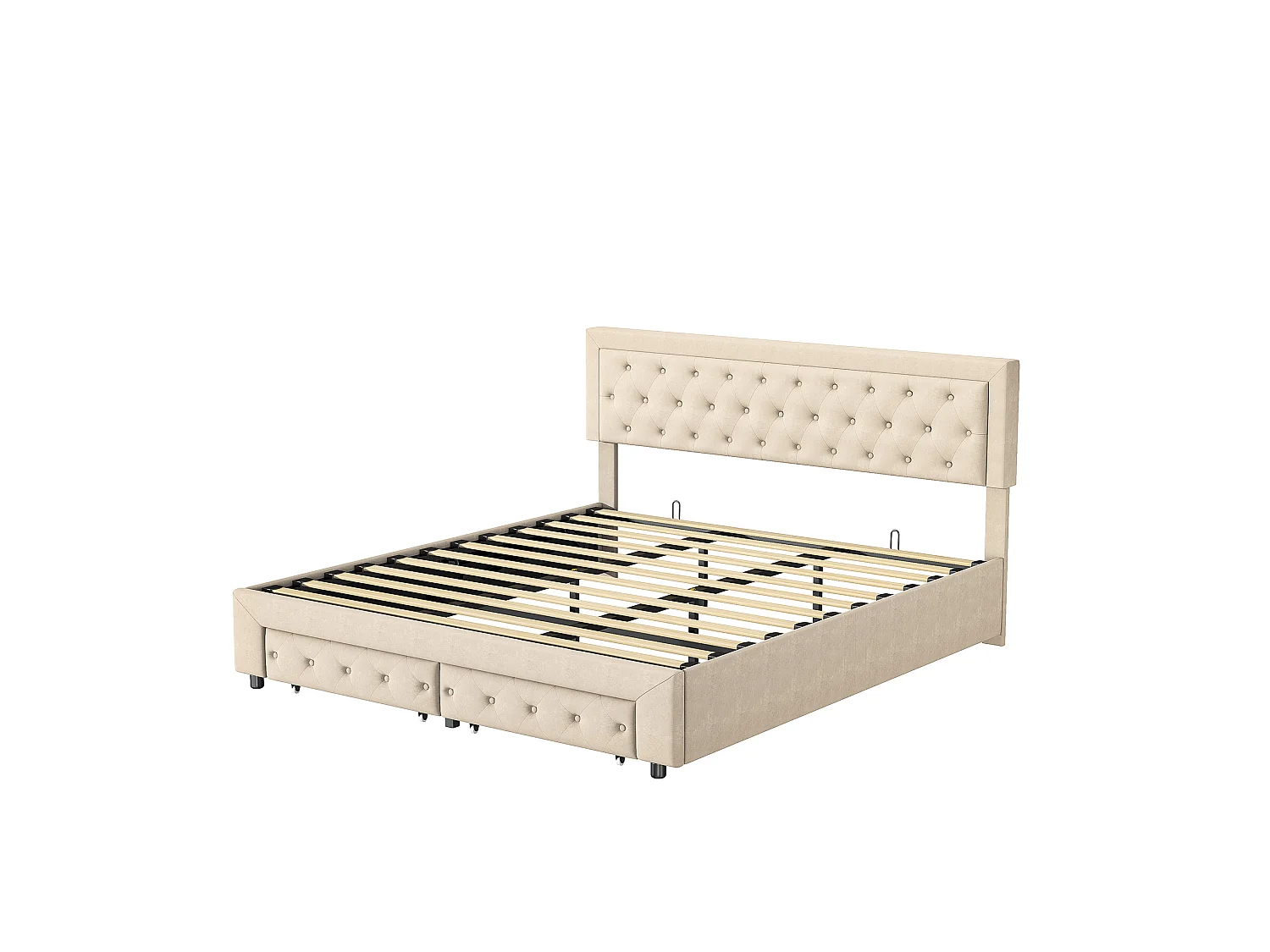 Opbergbed van 160x200 cm met 2 lades – Beige fluwelen bekleding – Massief houten lattenbodem – Scandinavische stijl – Tweepersoonsbed voor volwassenen