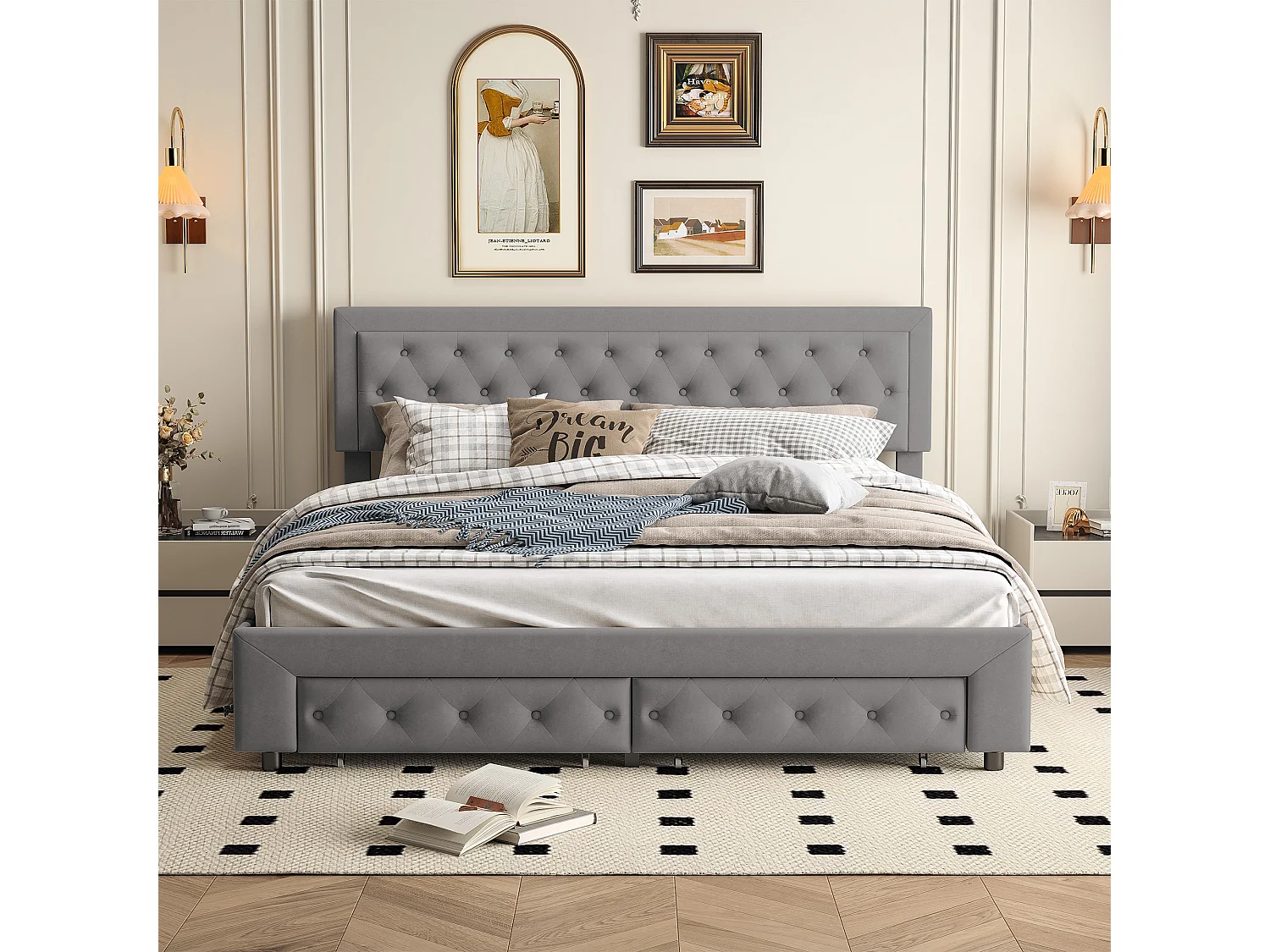 Lit coffre 180x200 cm avec rangement – 2 tiroirs – Velours Gris – Sommier à lattes en bois massif – Style scandinave – Lit double adulte