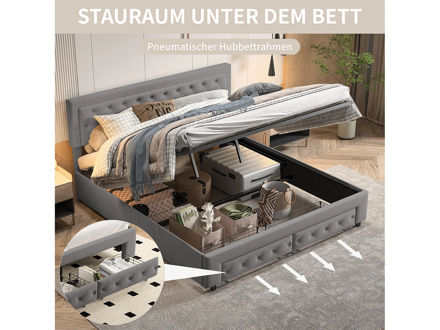 Lit coffre 180x200 cm avec rangement – 2 tiroirs – Velours Gris – Sommier à lattes en bois massif – Style scandinave – Lit double adulte