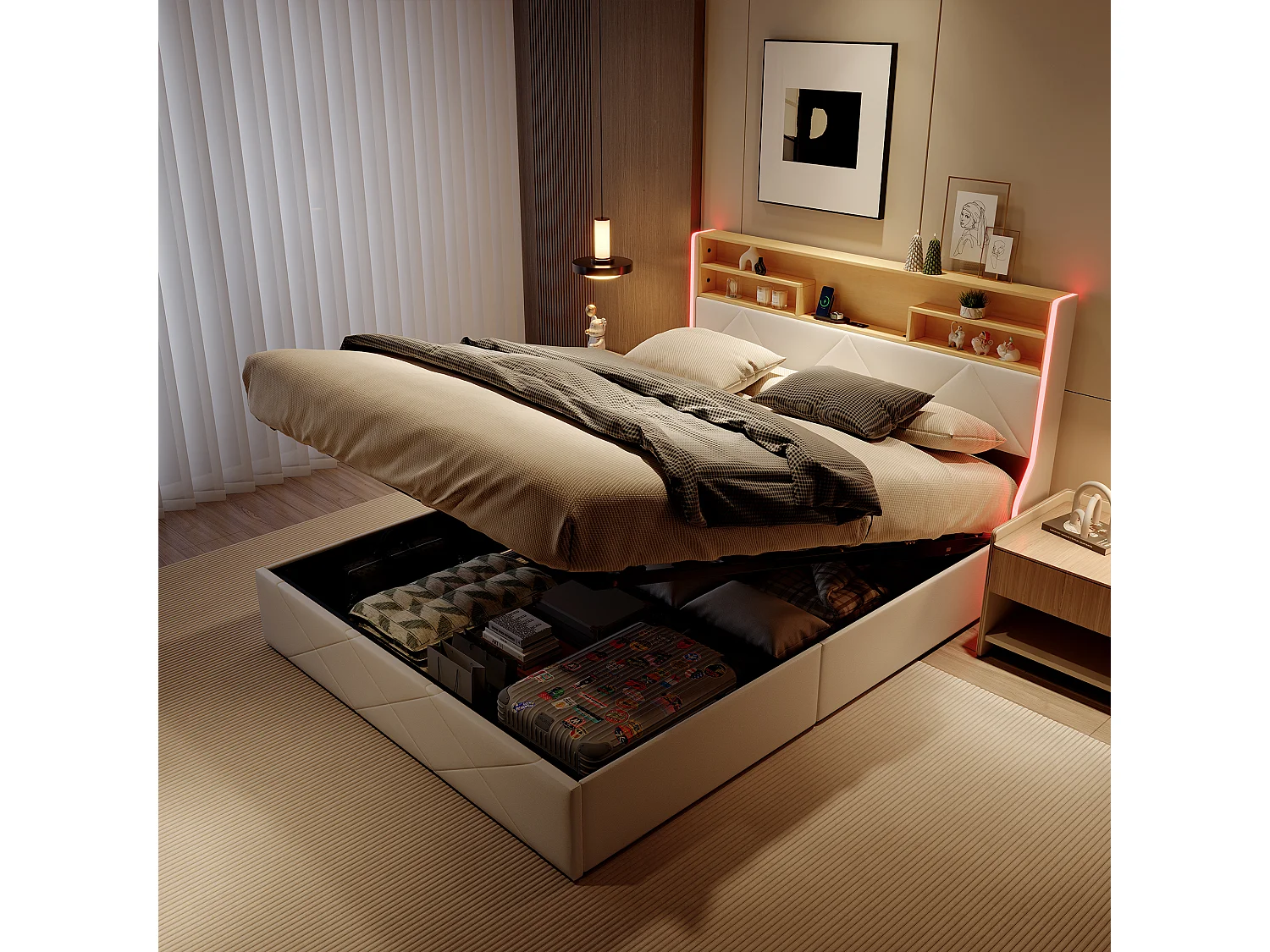 Lit coffre 160×200 cm avec tête de lit rangement, ports USB/Type-C et éclairage LED RVB – PU blanc & chêne clair