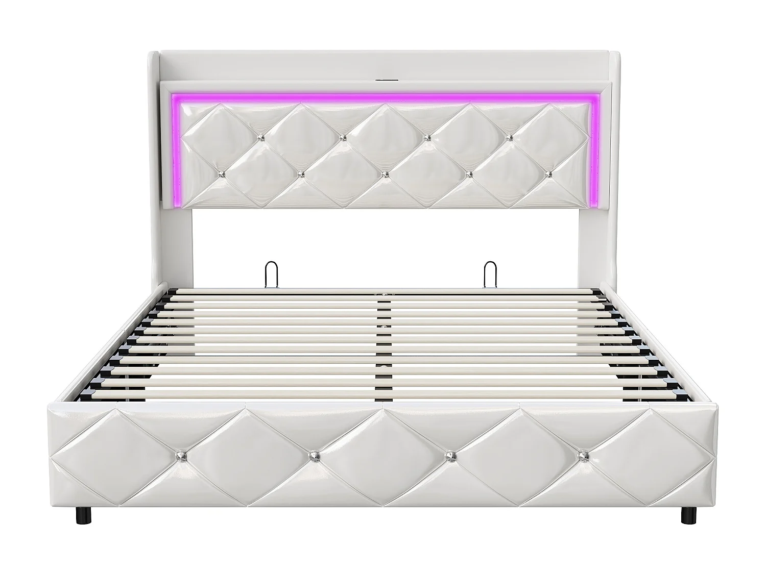 Lit rembourré 140×200 cm avec LED, USB et rangement – Similicuir blanc, cadre lit double