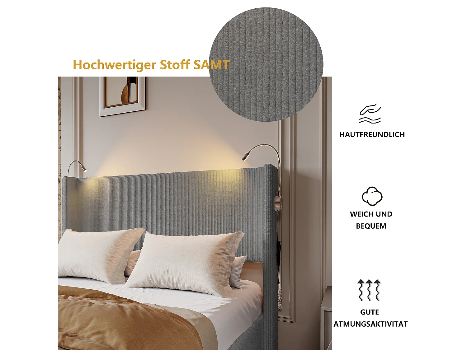 Lit rembourré 140×200 cm avec sommier à lattes et liseuses – Coffre gris, lit double