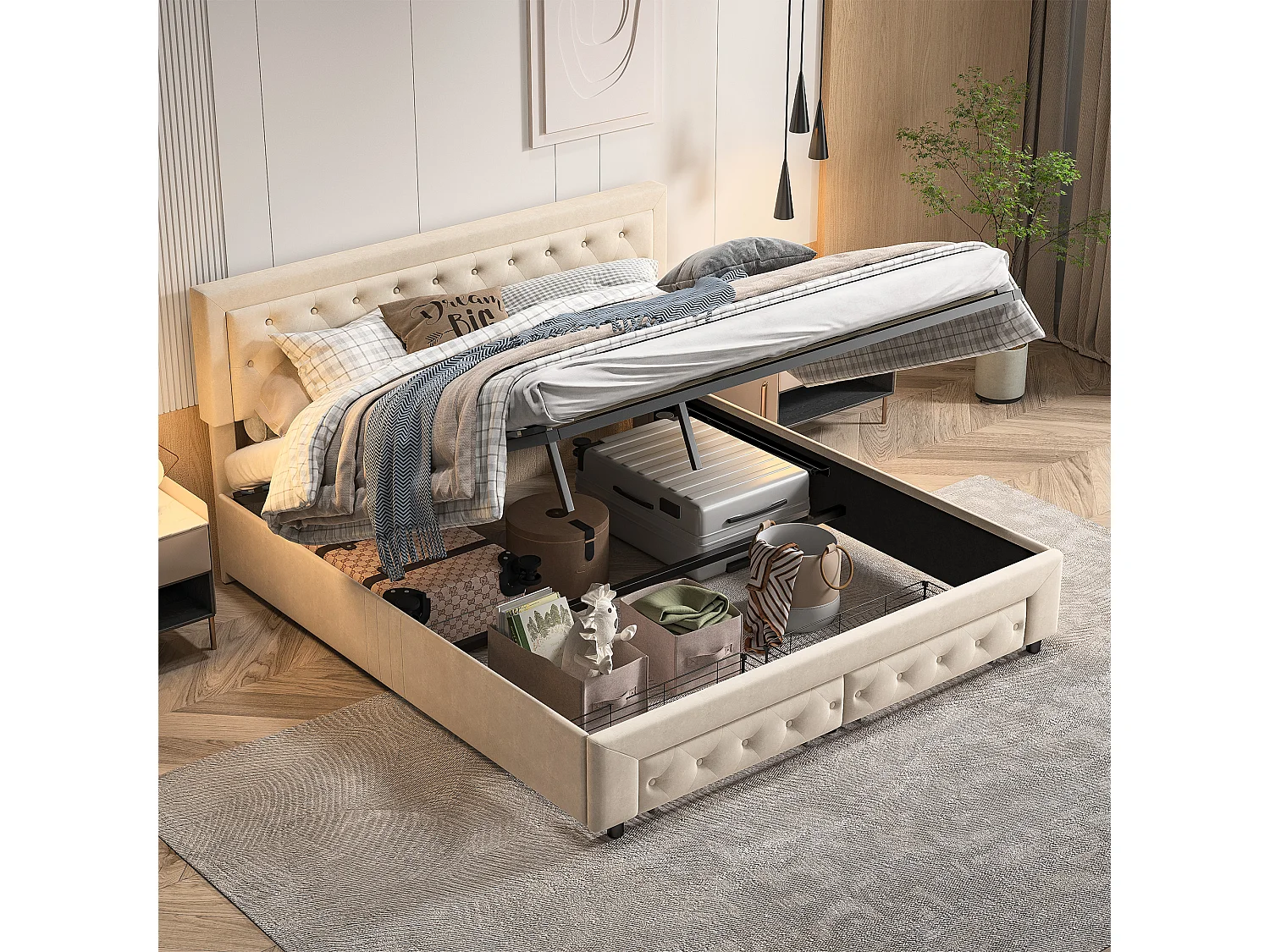 Lit coffre 180x200 cm avec rangement – 2 tiroirs – Velours beige – Sommier à lattes en bois massif – Style scandinave – Lit double adulte
