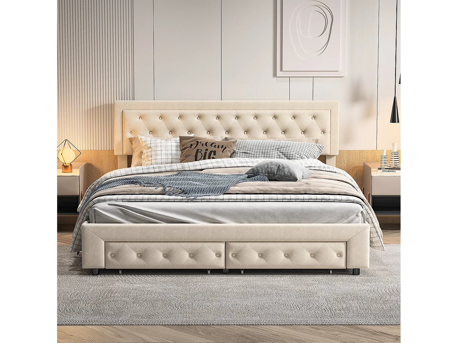 Lit coffre 180x200 cm avec rangement – 2 tiroirs – Velours beige – Sommier à lattes en bois massif – Style scandinave – Lit double adulte