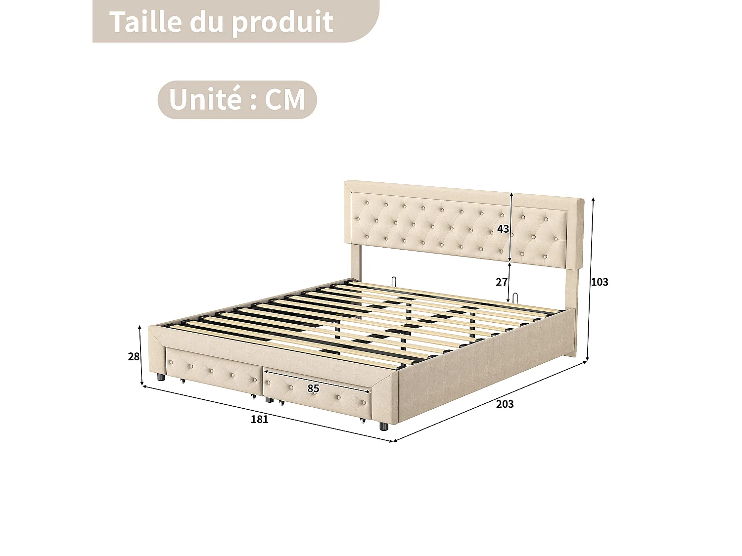 Lit coffre 180x200 cm avec rangement – 2 tiroirs – Velours beige – Sommier à lattes en bois massif – Style scandinave – Lit double adulte