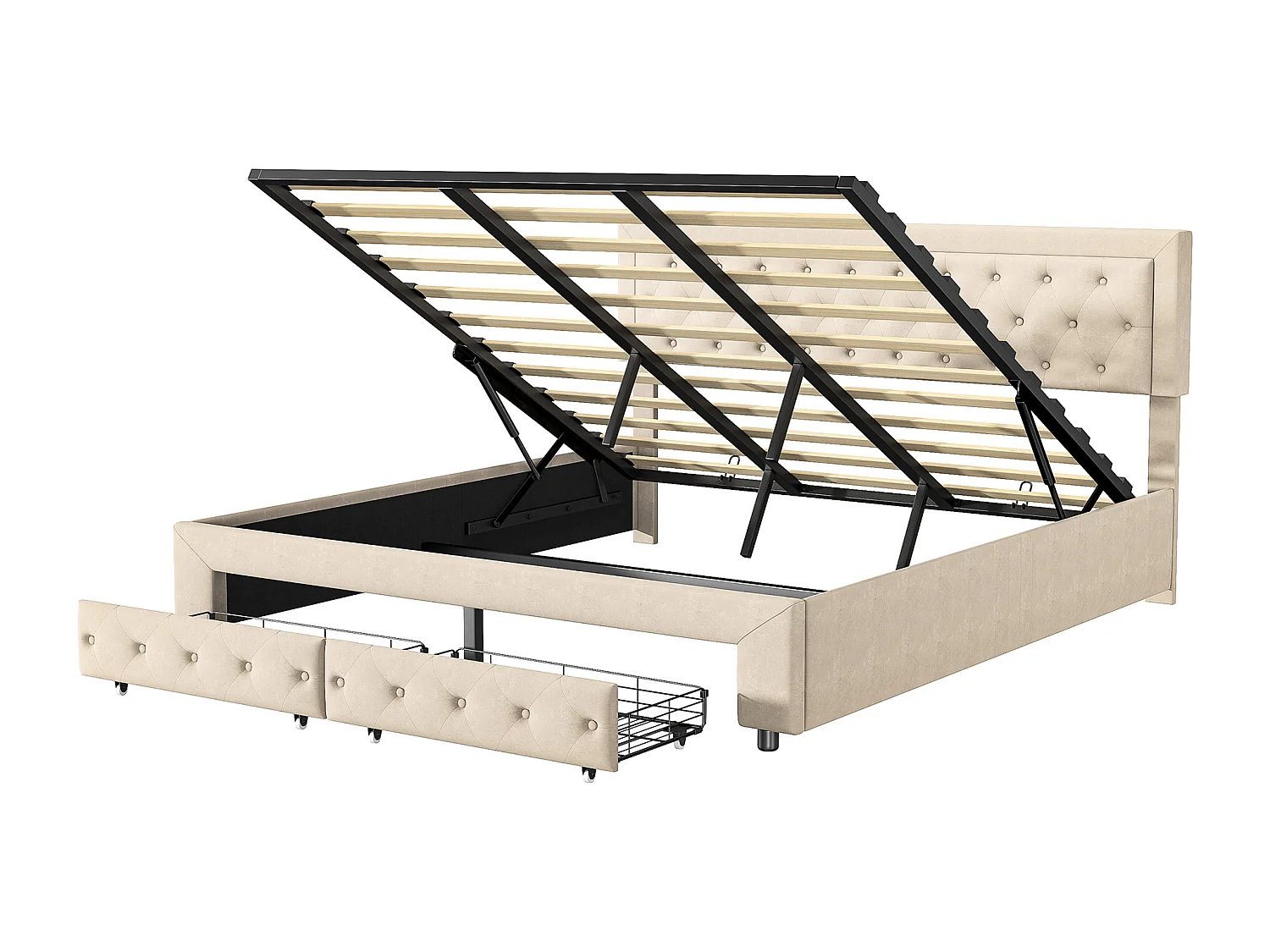 Lit coffre 180x200 cm avec rangement – 2 tiroirs – Velours beige – Sommier à lattes en bois massif – Style scandinave – Lit double adulte