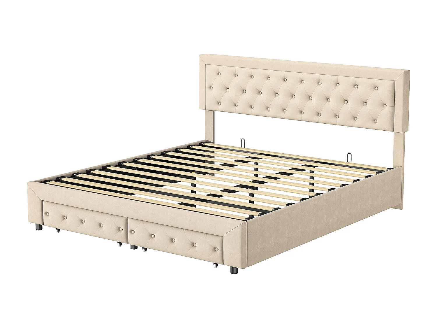 Lit coffre 180x200 cm avec rangement – 2 tiroirs – Velours beige – Sommier à lattes en bois massif – Style scandinave – Lit double adulte