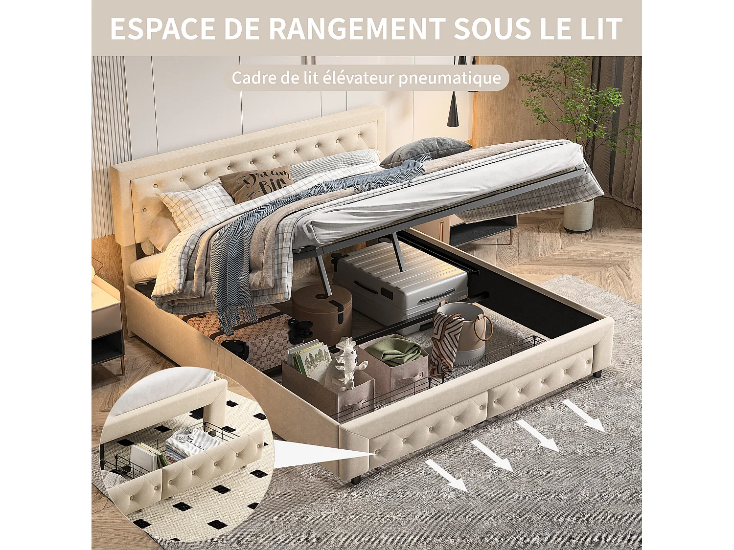 Lit coffre 180x200 cm avec rangement – 2 tiroirs – Velours beige – Sommier à lattes en bois massif – Style scandinave – Lit double adulte
