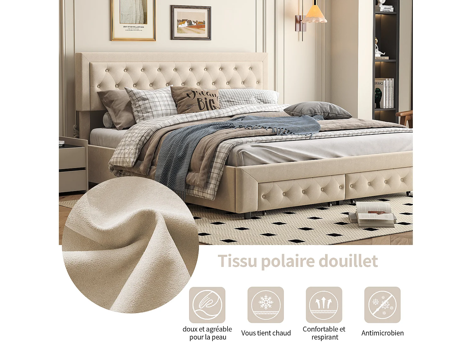 Lit coffre 180x200 cm avec rangement – 2 tiroirs – Velours beige – Sommier à lattes en bois massif – Style scandinave – Lit double adulte