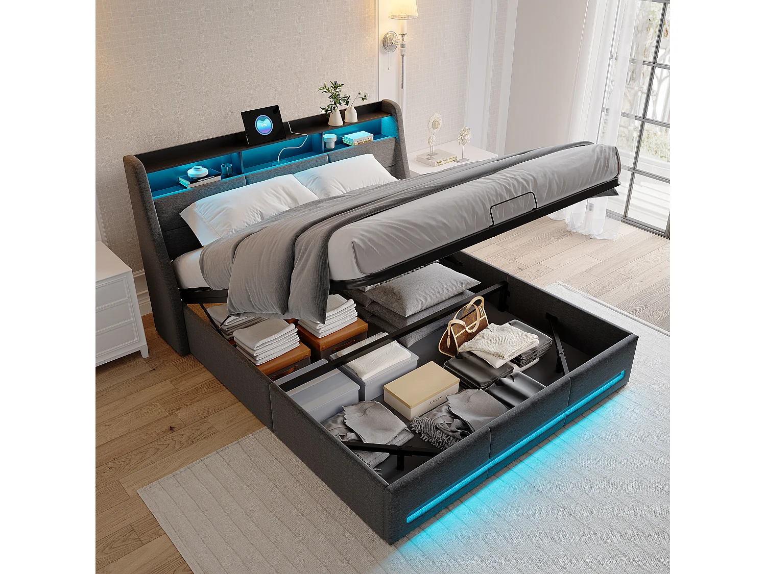 Lit coffre 160×200 cm avec LED, USB Type-C et sommier – Lin gris, lit double