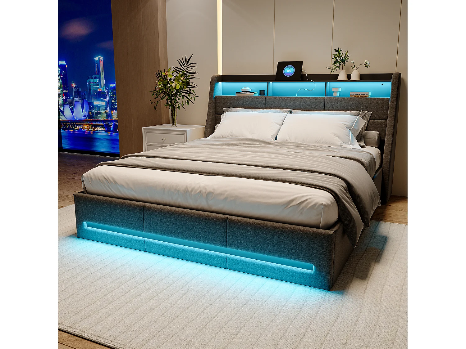 Lit coffre 160×200 cm avec LED, USB Type-C et sommier – Lin gris, lit double